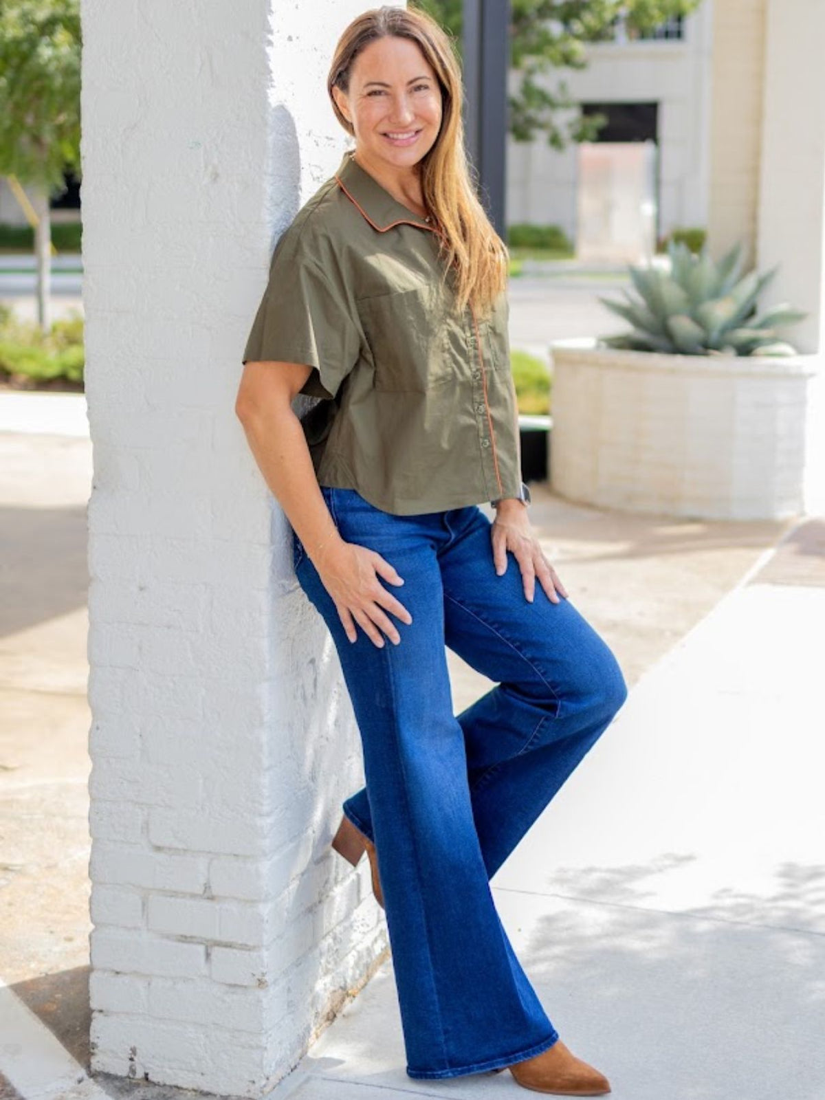 Heidi Houston Piper Short Sleeve Cotton Top in Hunter Green