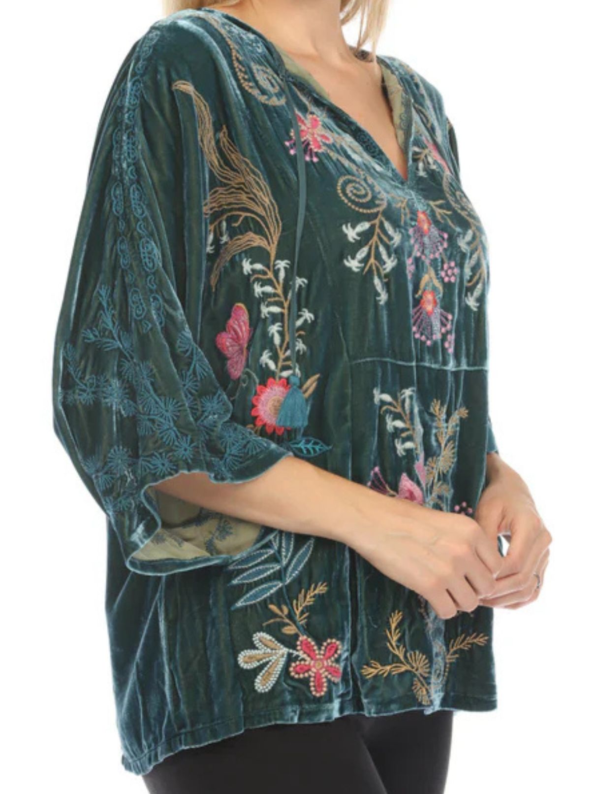 Johnny Was Velvet Kaftan Blouse in Peacock