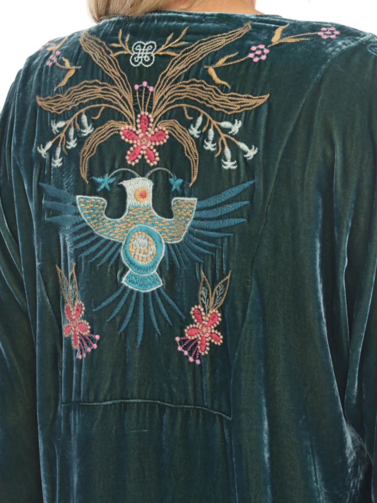 Johnny Was Velvet Kaftan Blouse in Peacock