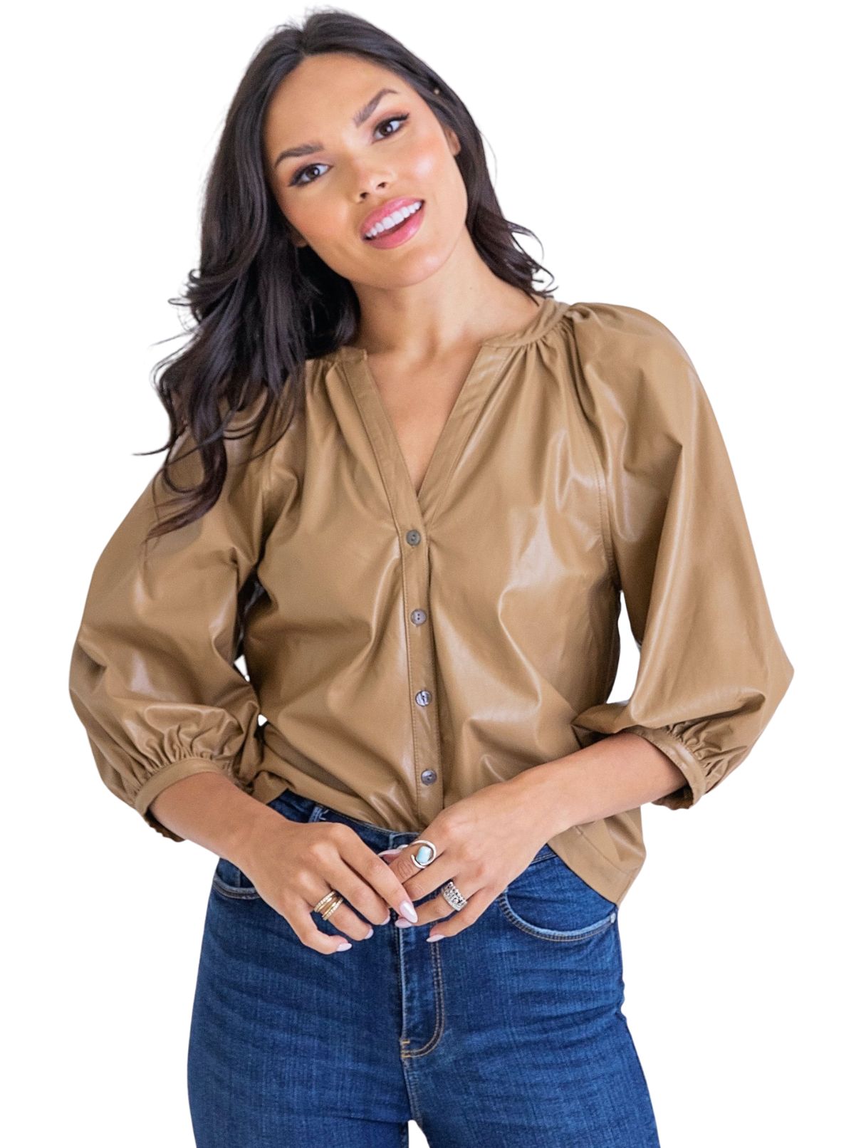 Karlie Pleather Button Up in Truffle