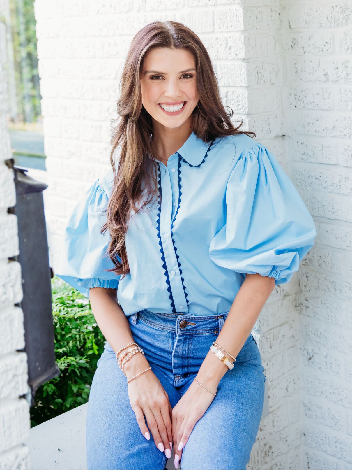 Karlie Poplin Ric Rac Blouse in Blue