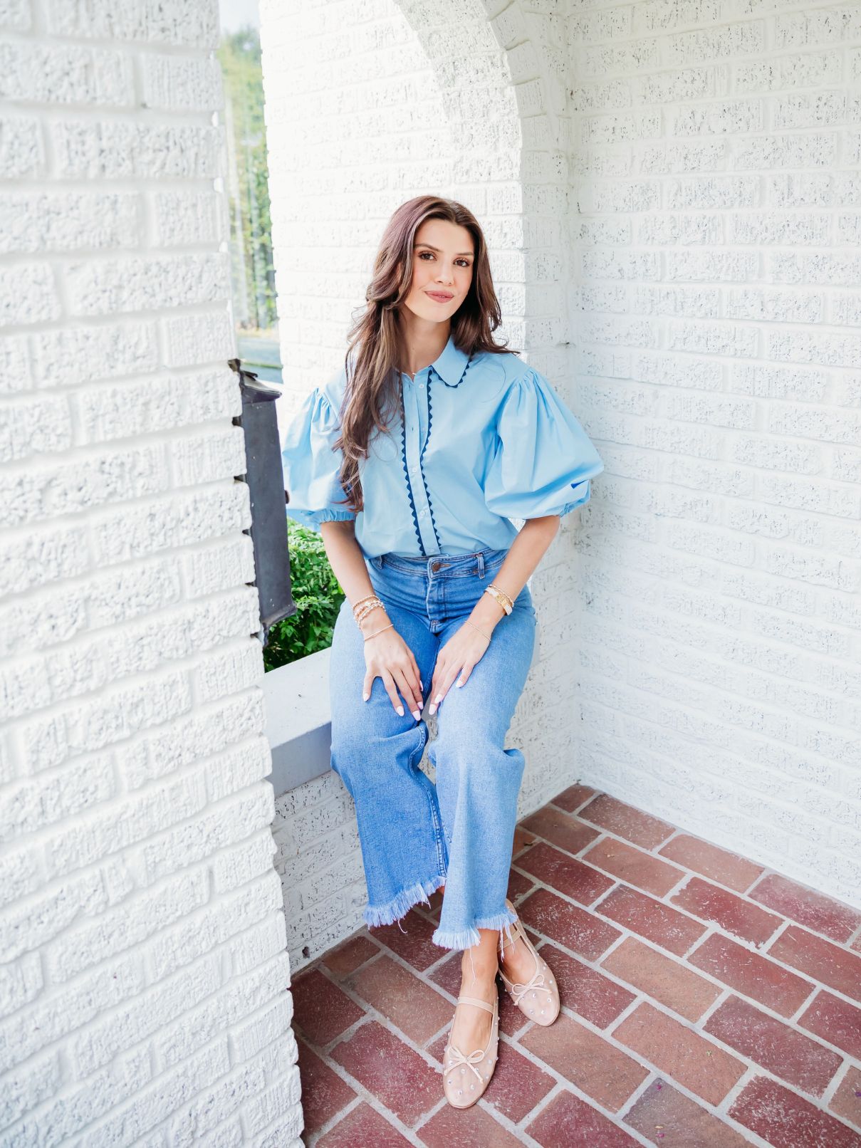 Karlie Poplin Ric Rac Blouse in Blue