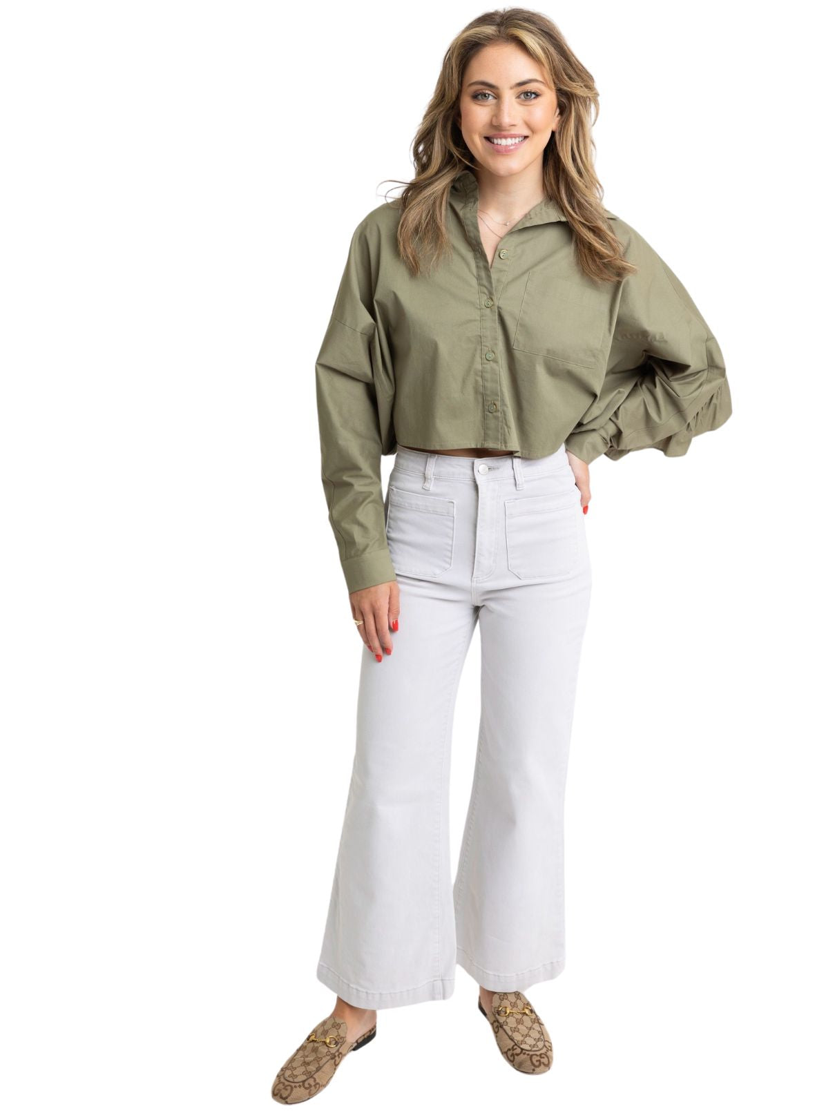 Karlie Poplin Ruffle Back Top in Olive