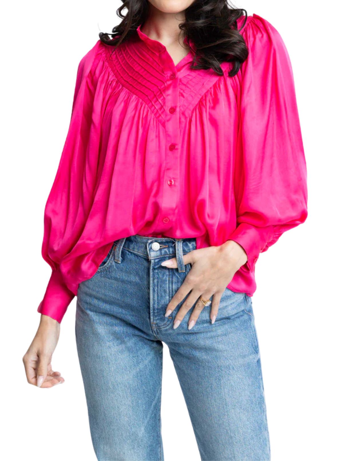 Karlie Satin Pleat Front Button up Blouse in Raspberry