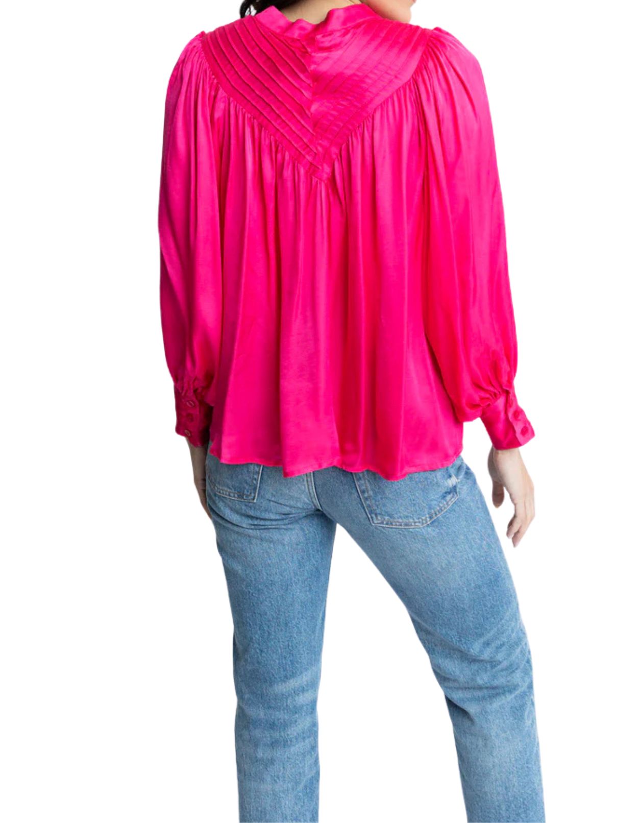 Karlie Satin Pleat Front Button up Blouse in Raspberry