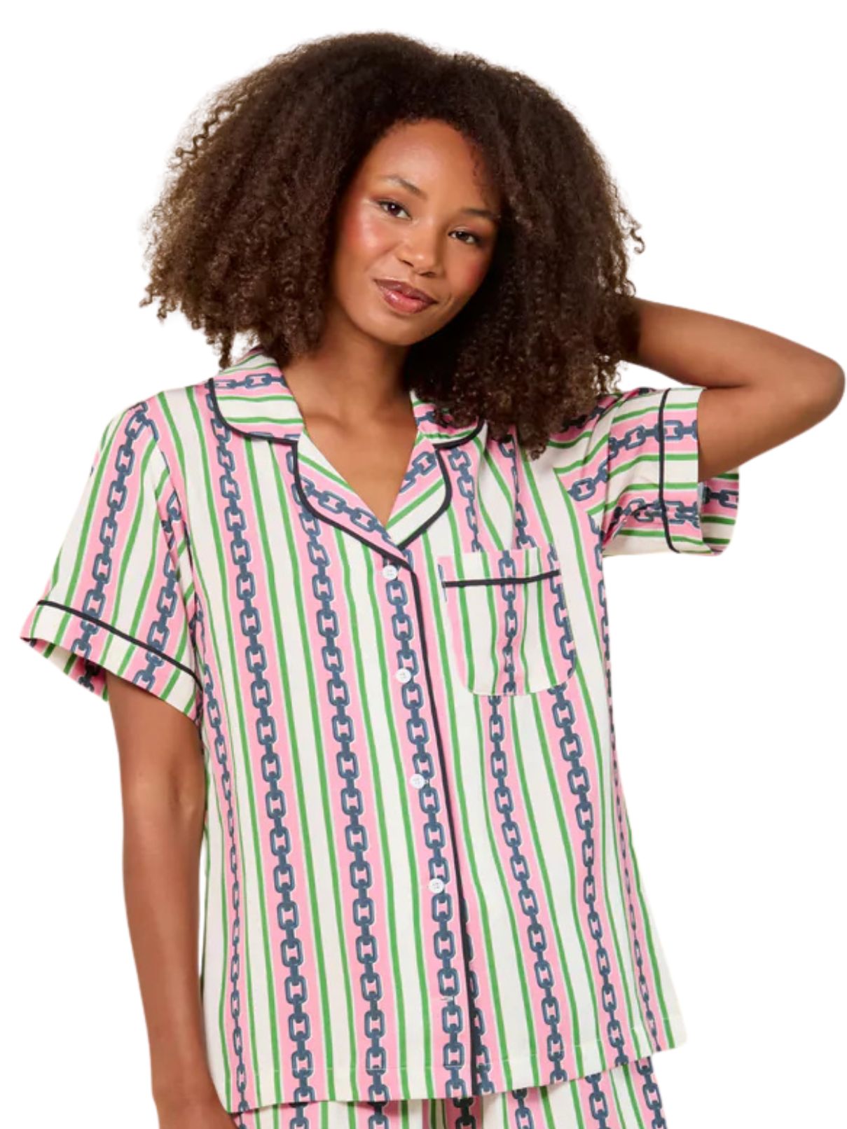 Katie Kime Chain Stripe Pajama Set in Pink/Green