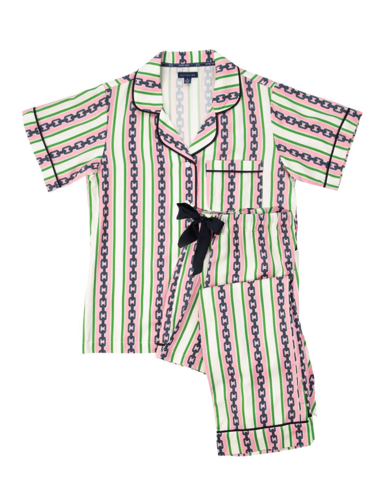 Katie Kime Chain Stripe Pajama Set in Pink/Green