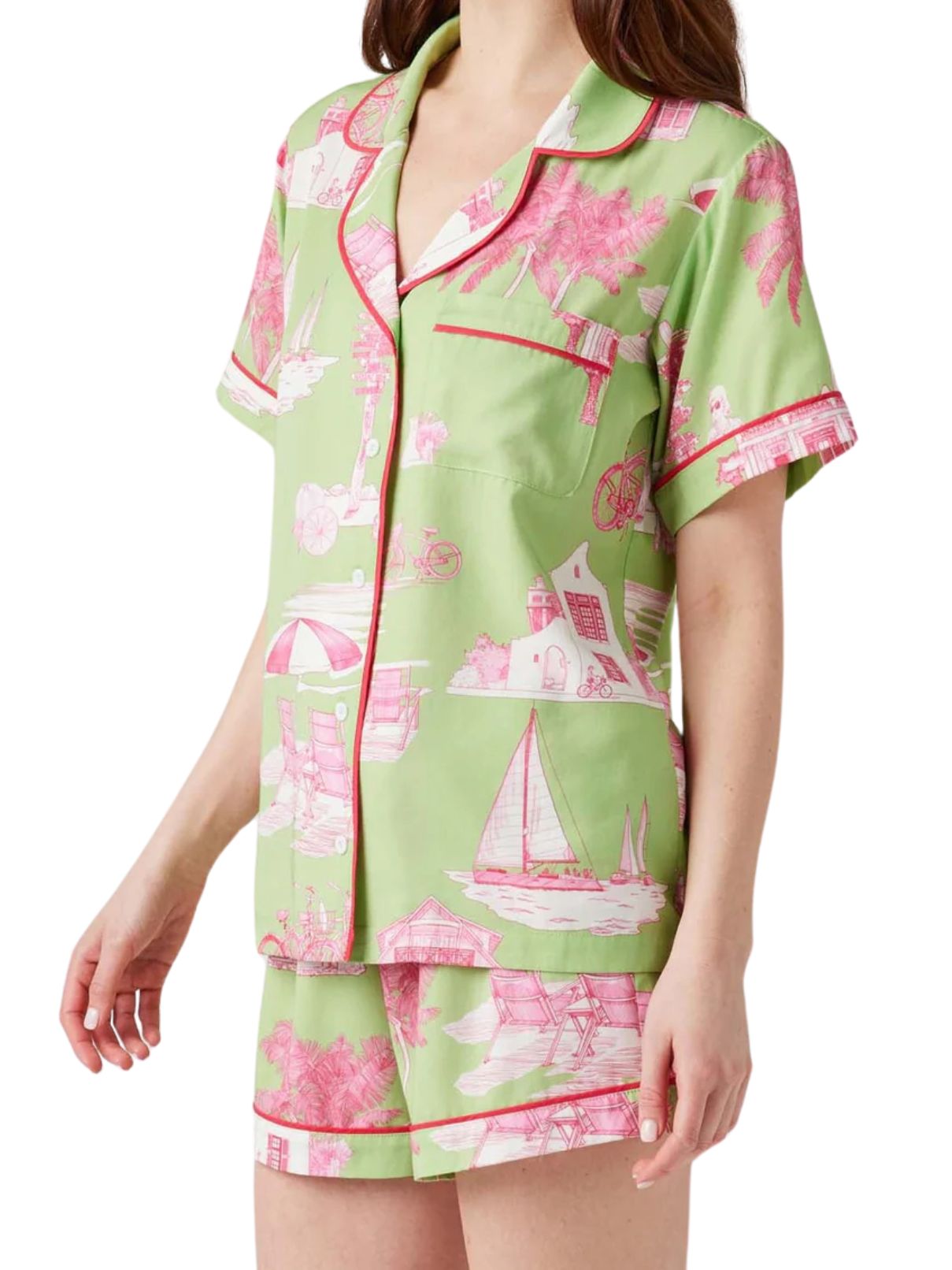 Katie Kime Florida Toile Pajama Short Set in Green/Pink