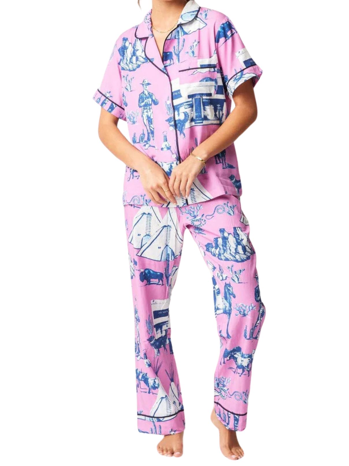 Katie Kime Marfa Toile PJ Set in Pink/Navy