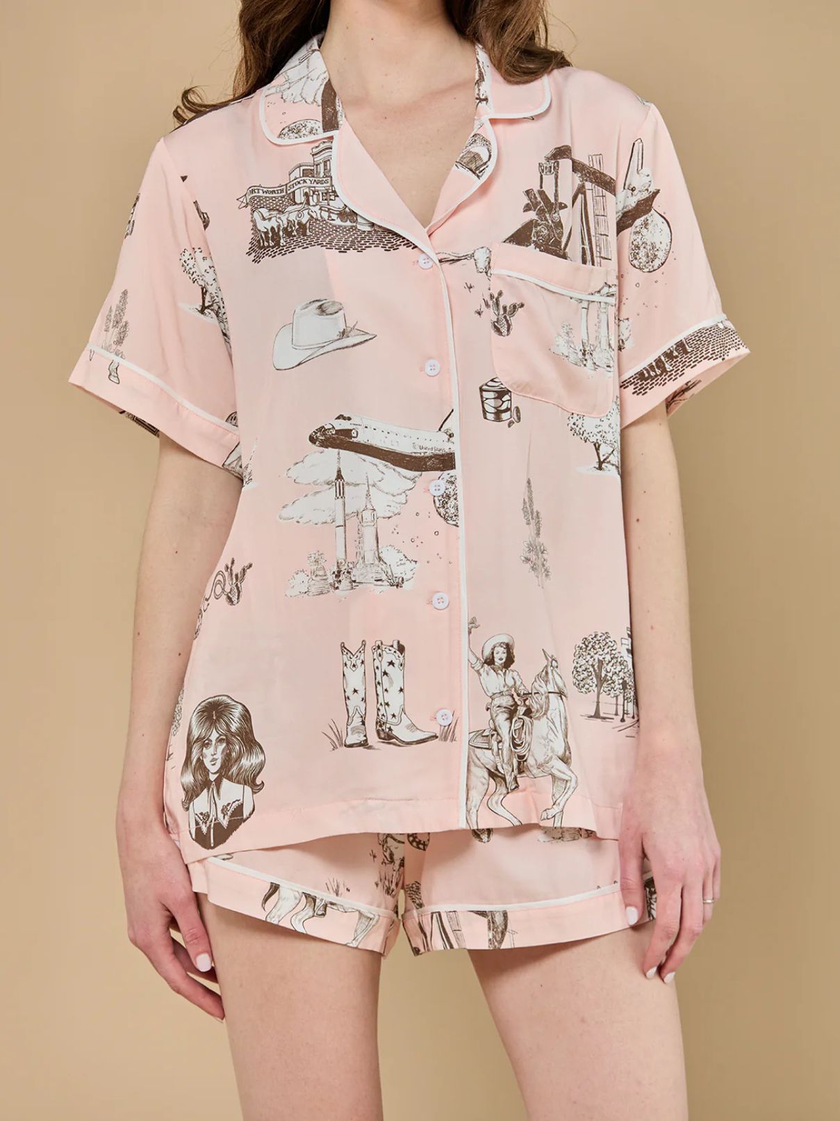 Katie Kime Texas Pajama Short Set Pink Brown