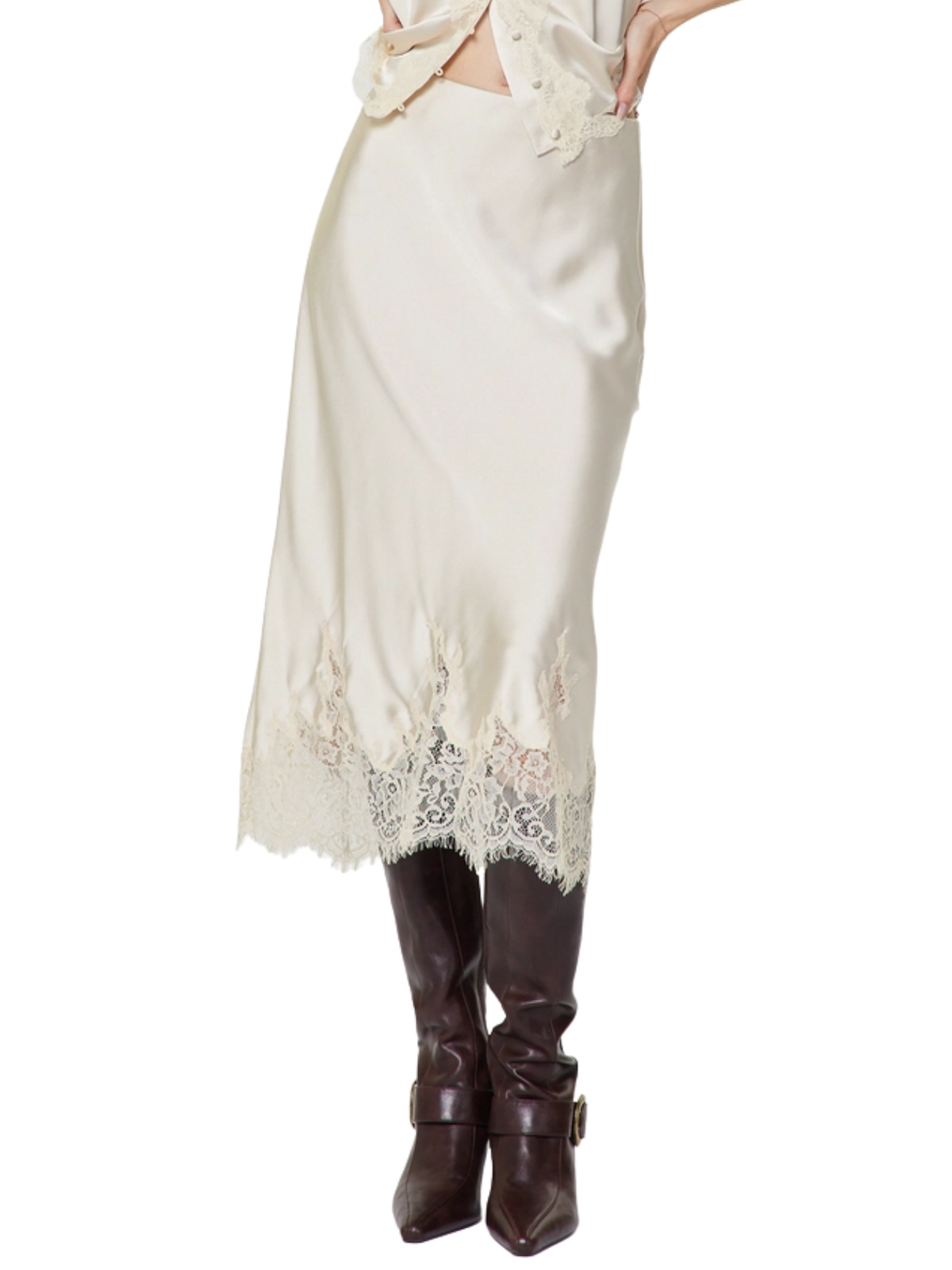 Lace Hem Satin Midi Skirt – Ecru