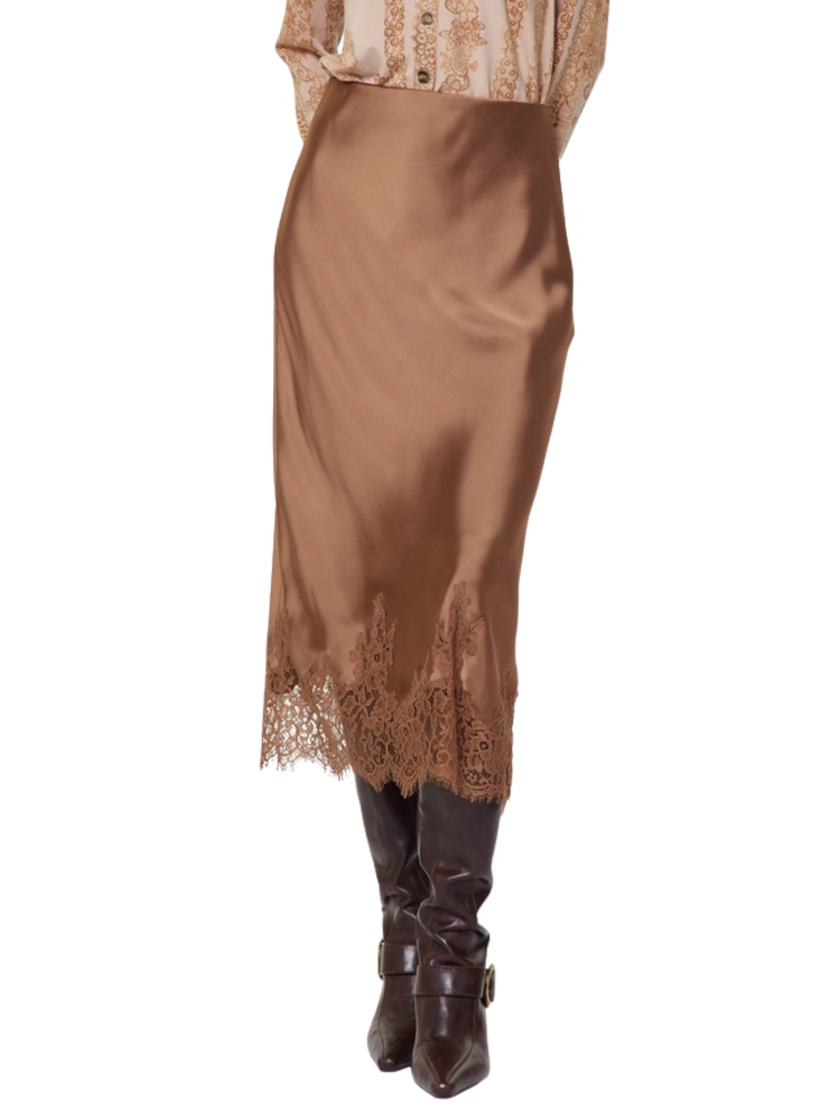 Lace Hem Satin Midi Skirt – Mocha