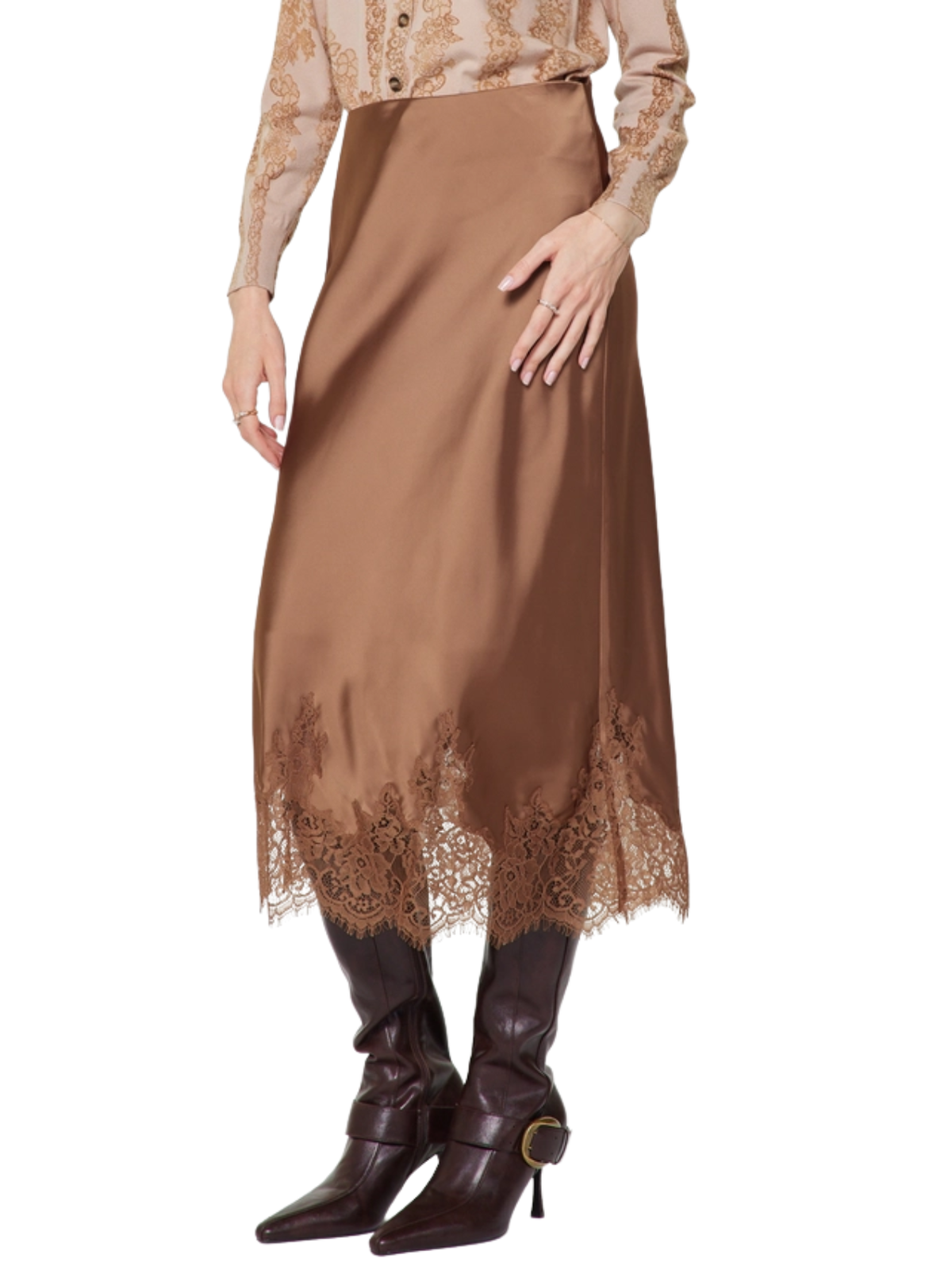 Lace Hem Satin Midi Skirt – Mocha