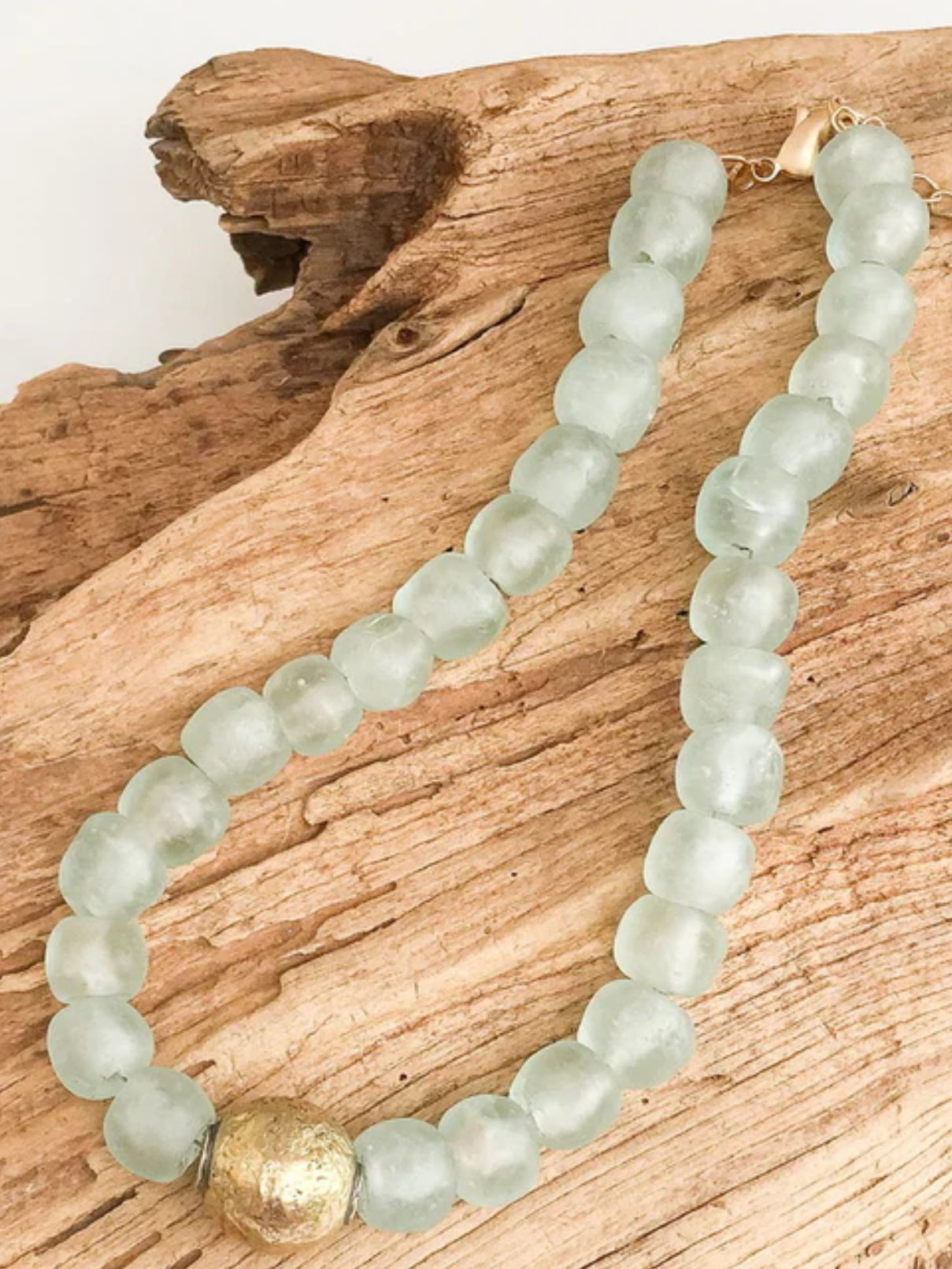 Large Glass Necklace with Brass Ball in Seaglass