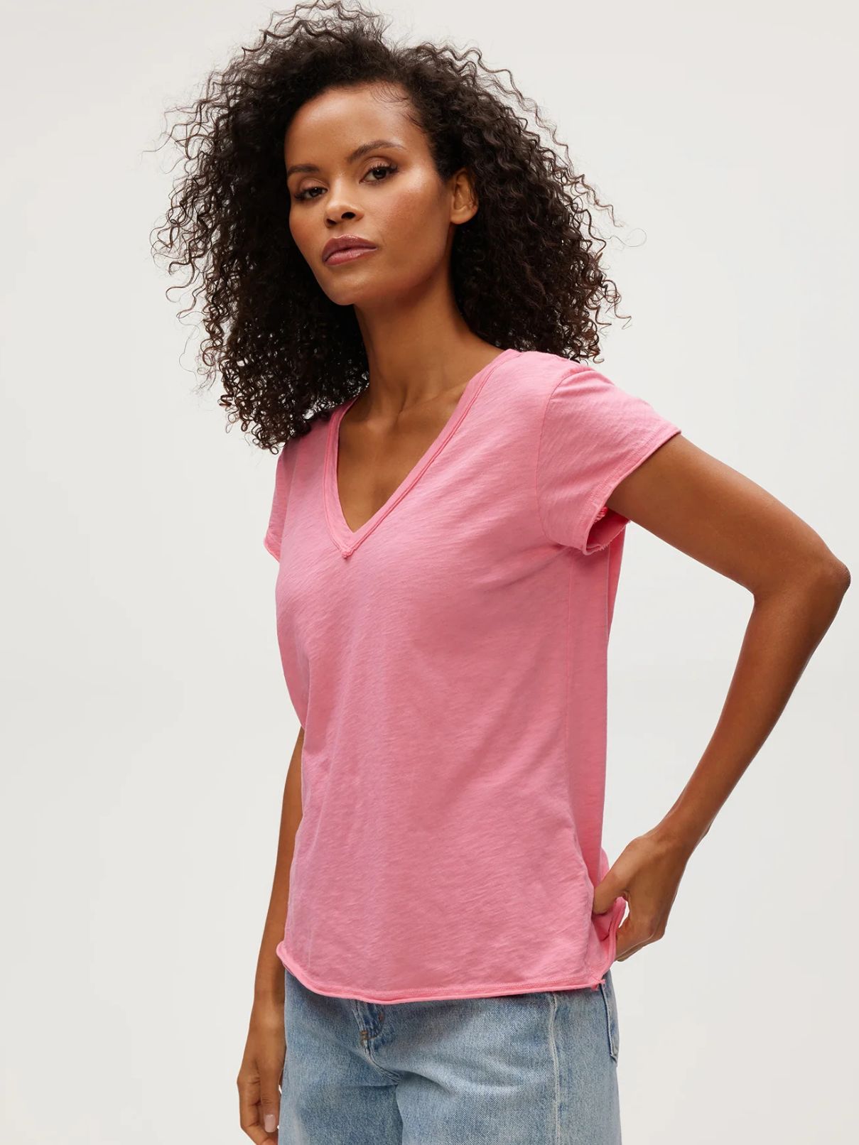 Michael Stars Baxter V-Neck Raw Edge Tee in Zinnea