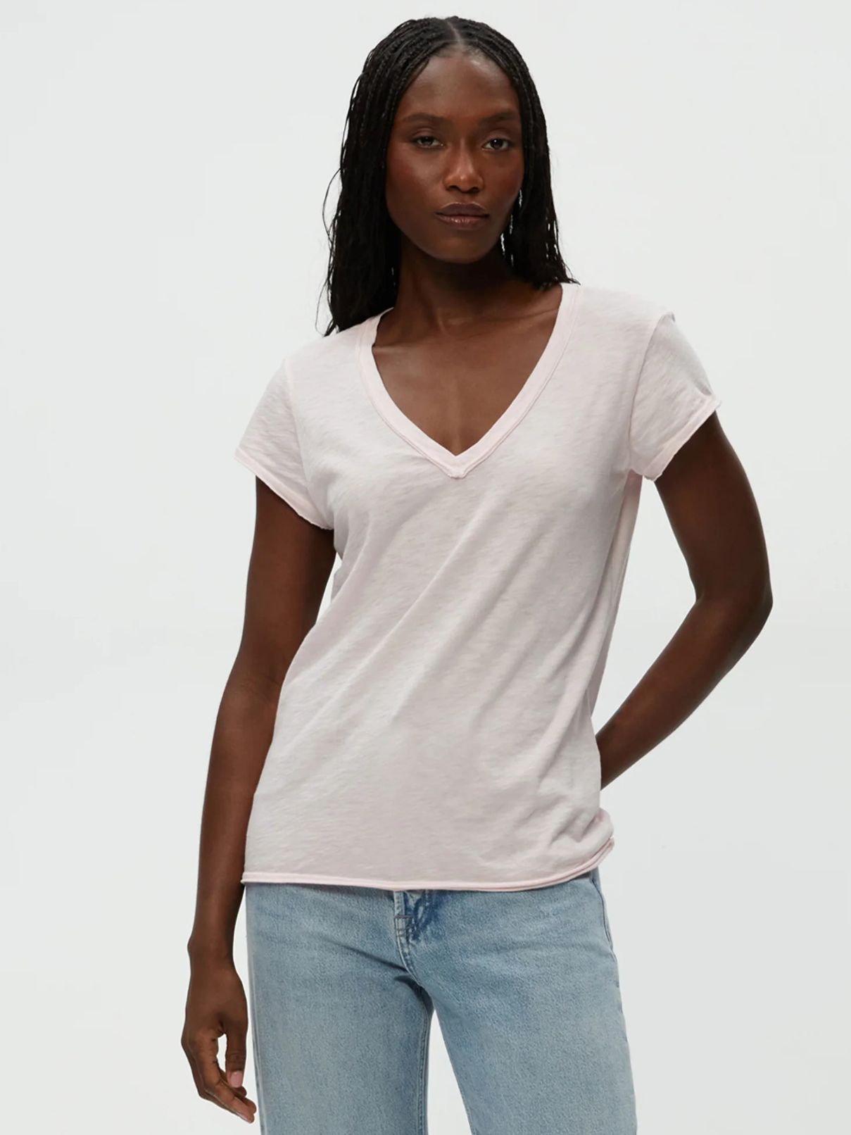Michael Stars Baxter V-Nk Raw Edge Tee in Lychee