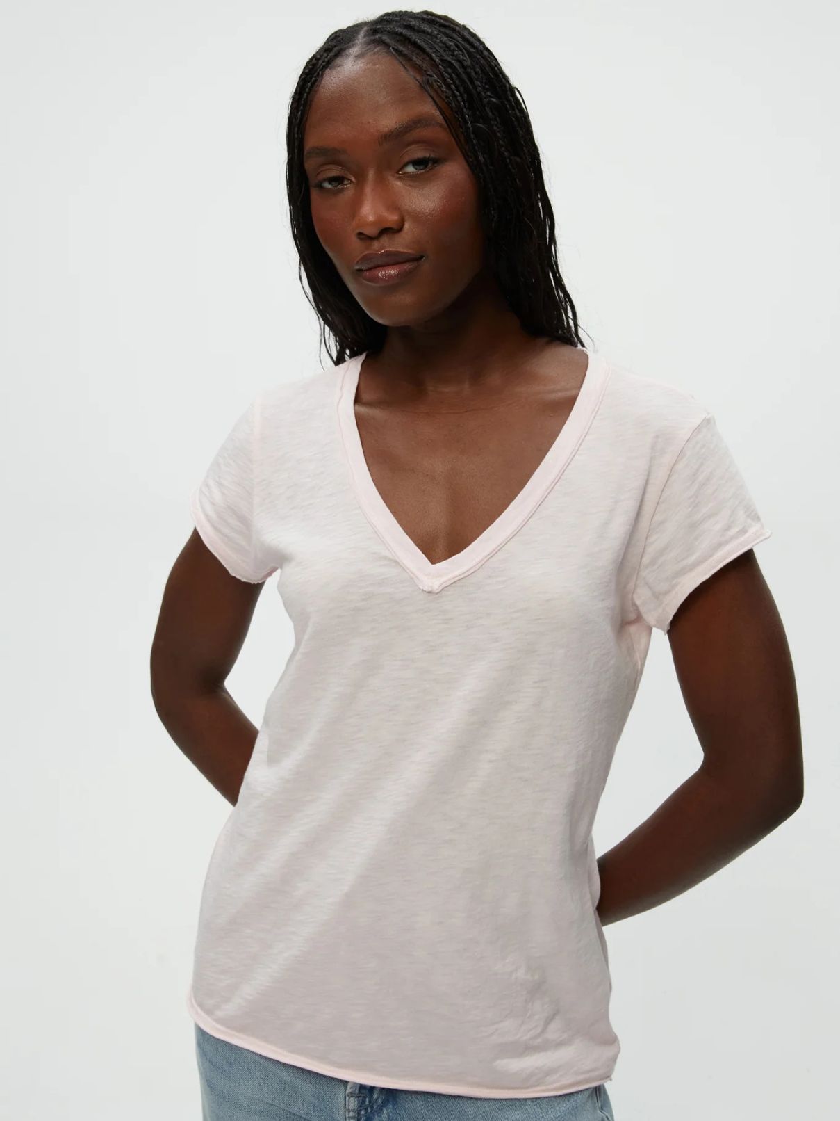 Michael Stars Baxter V-Nk Raw Edge Tee in Lychee