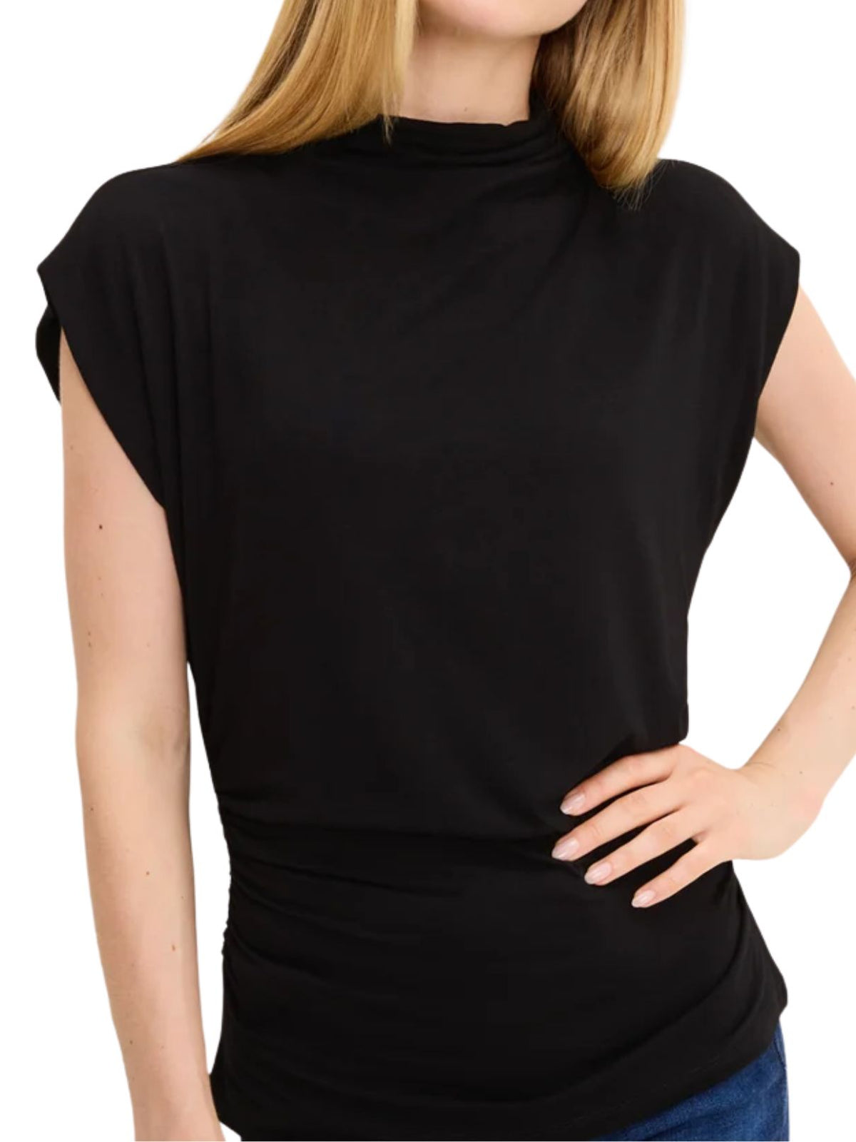 Michael Stars Mina Mock Neck Power Shoulder Top – Black
