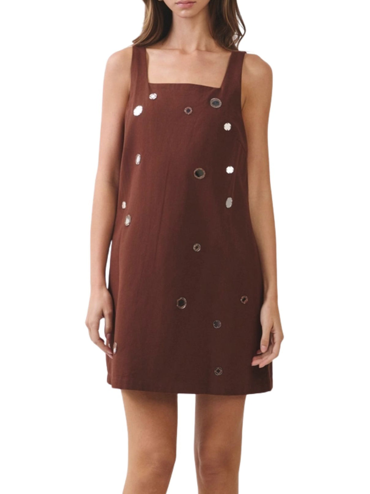 Mirror Embellished Chocolate Brown A-Line Mini Dress