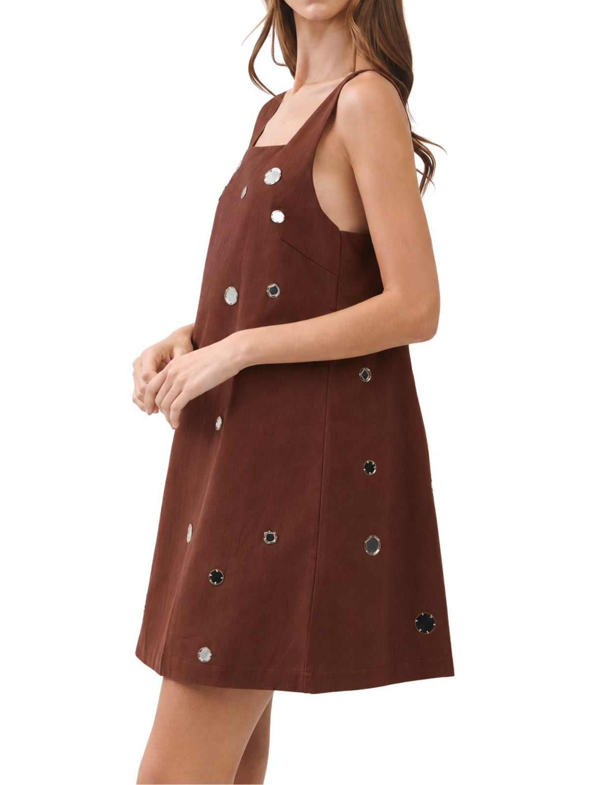 Mirror Embellished Chocolate Brown A-Line Mini Dress