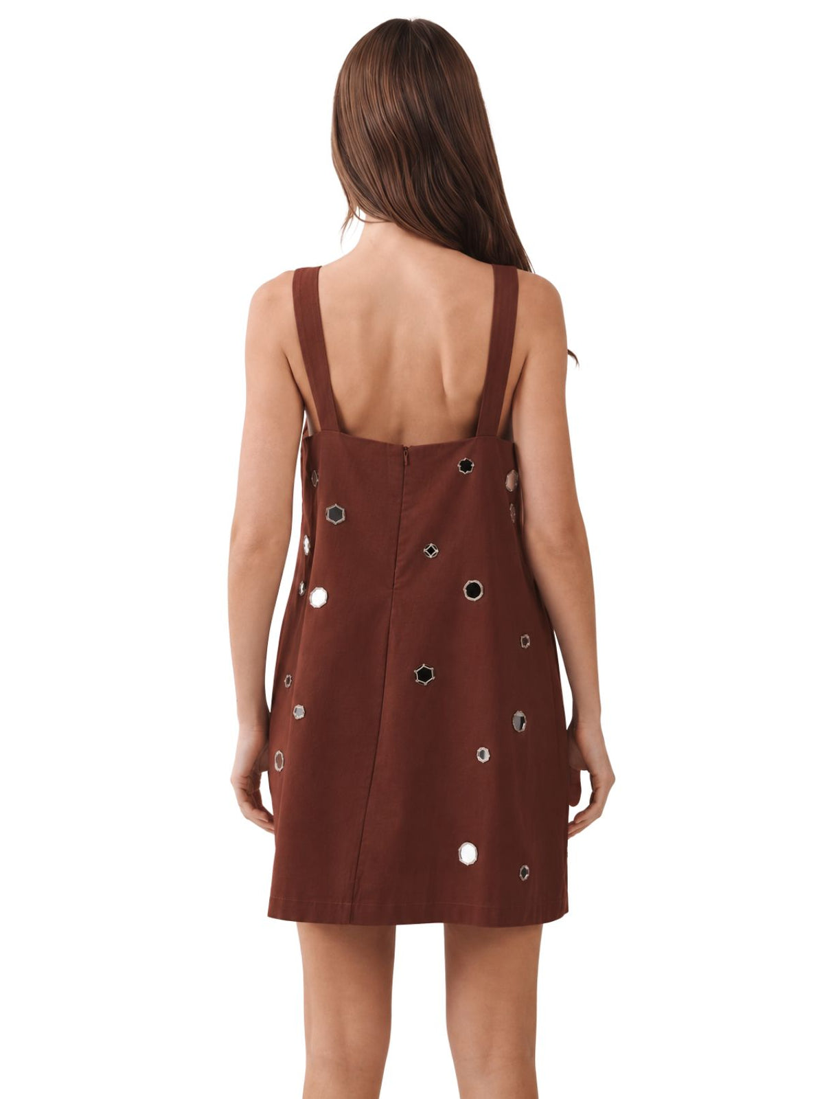 Mirror Embellished Chocolate Brown A-Line Mini Dress