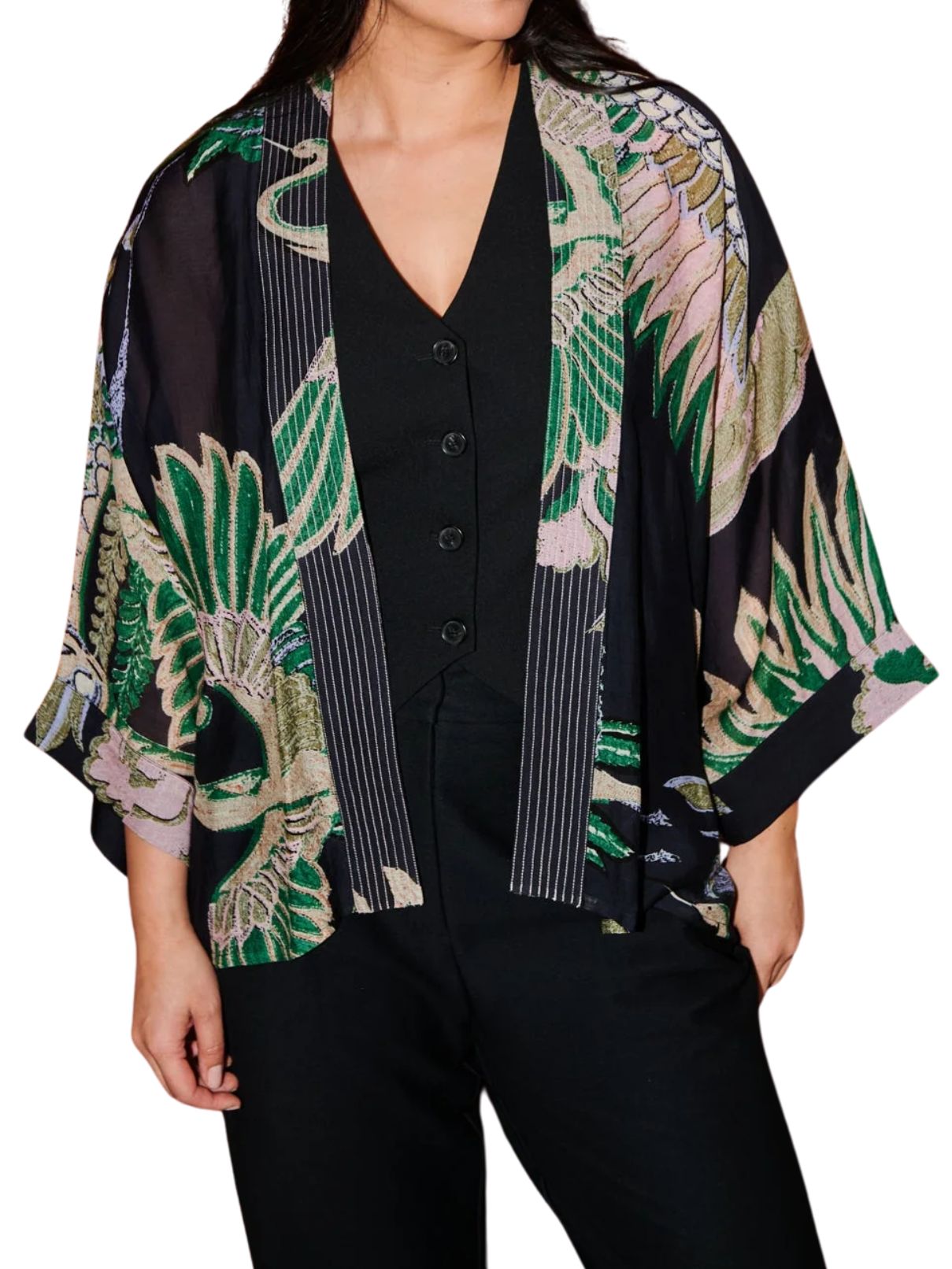 One Hundred Stars Crane Kimono in Emerald