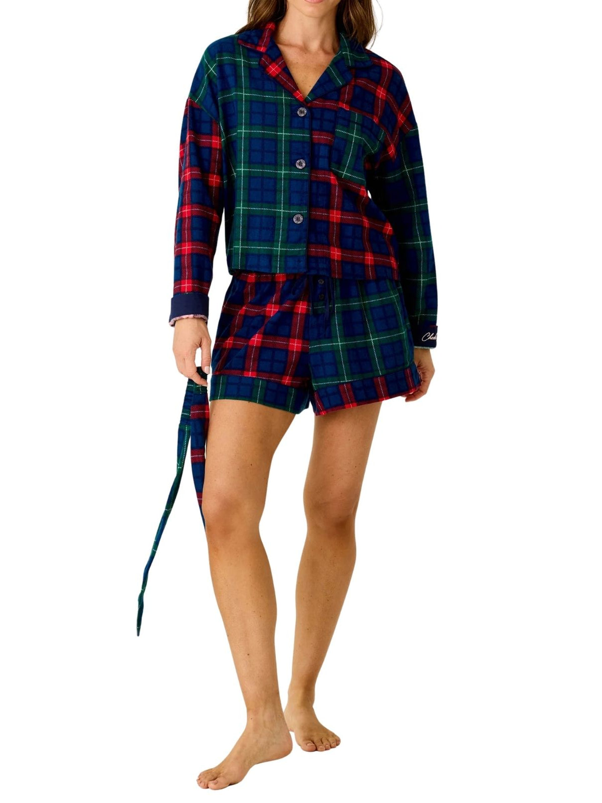 PJ Salvage Check Mate 3-Piece Plaid Flannel Pajama Set in Blue Ink