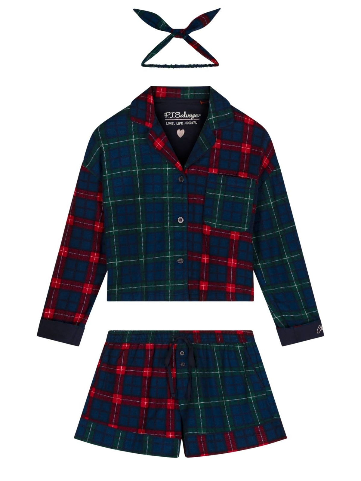 PJ Salvage Check Mate 3-Piece Plaid Flannel Pajama Set in Blue Ink