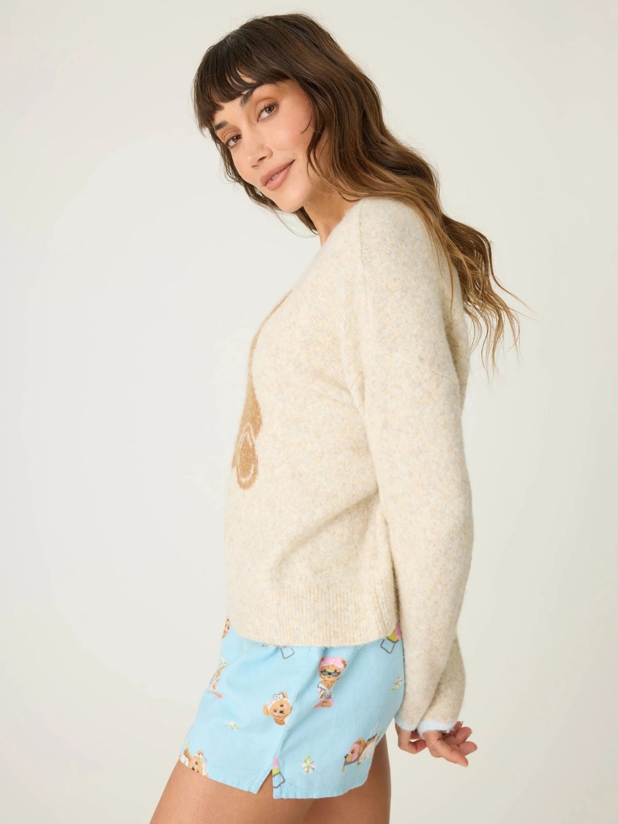 PJ Salvage L/S Flannel Bear Sweater in Oatmeal
