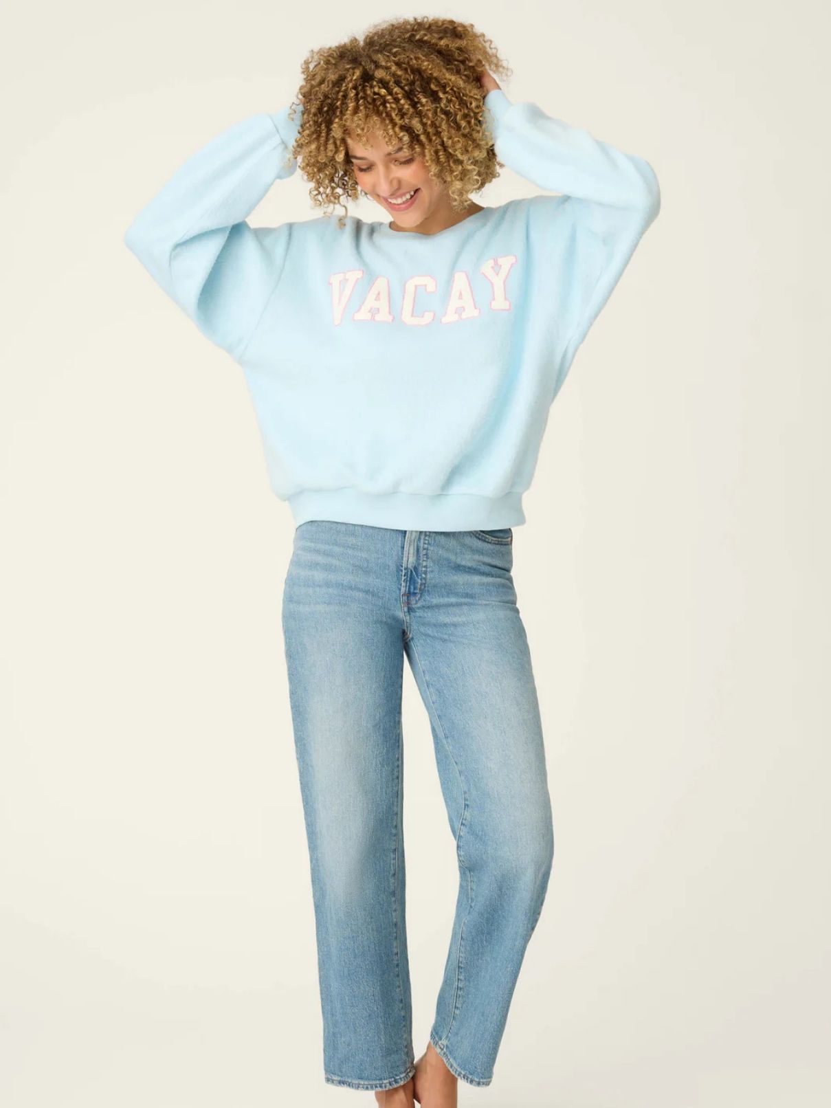 PJ Salvage L/S Pupcation Palms Vacay Sweatshirt in Lt Blue