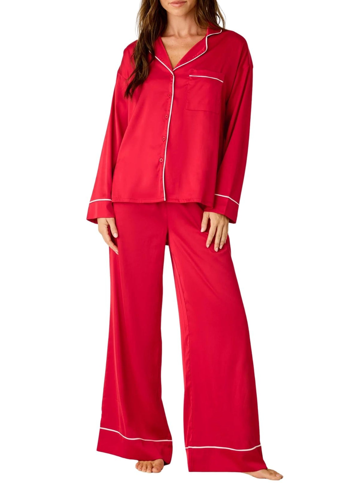 PJ Salvage Moonlight Muse Satin Long Sleeve Pajama Set in Lipstick Red