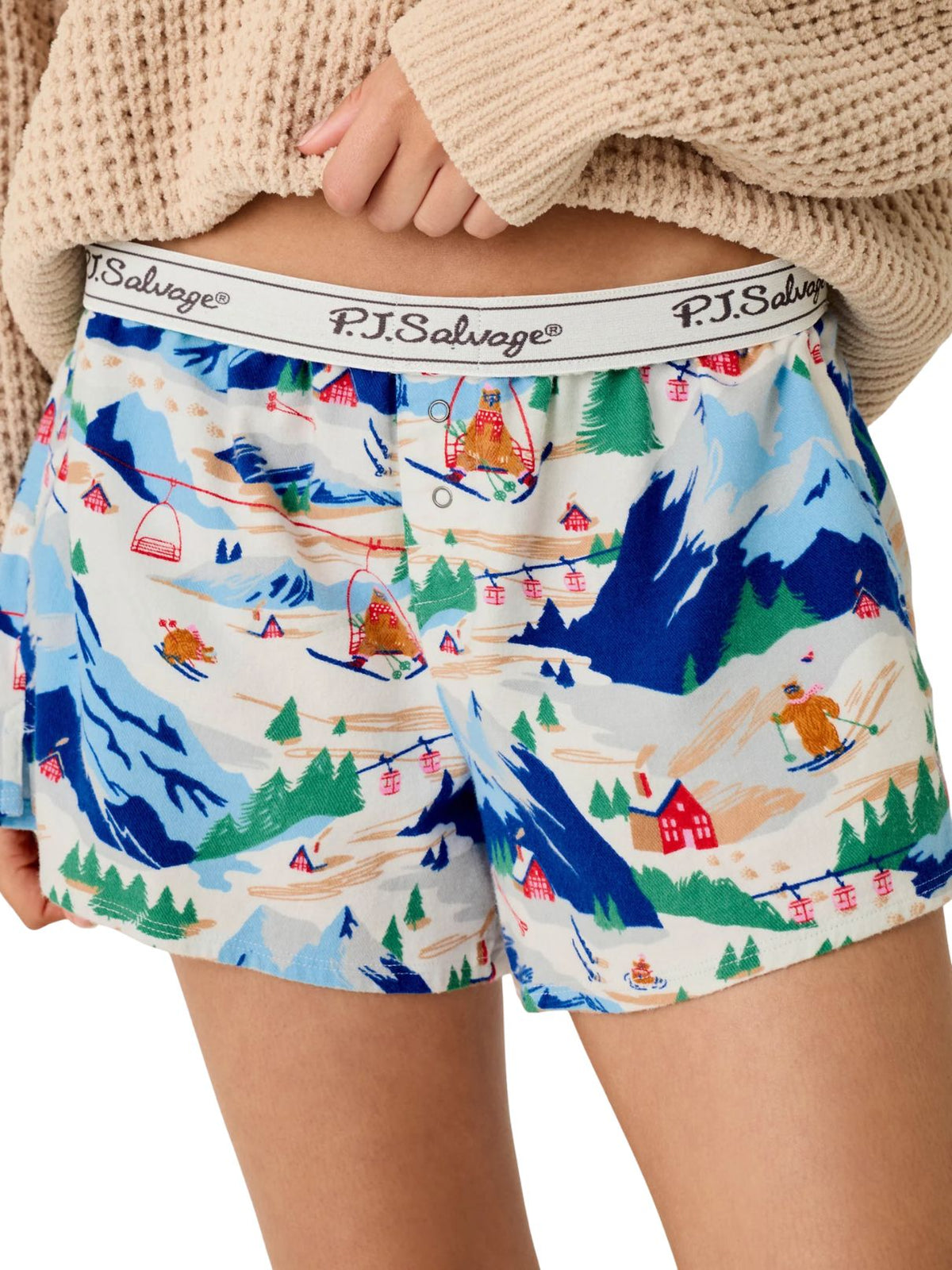 PJ Salvage Ski Ya Later Skiing Bears Flannel Pajama Shorts in Moon Blue
