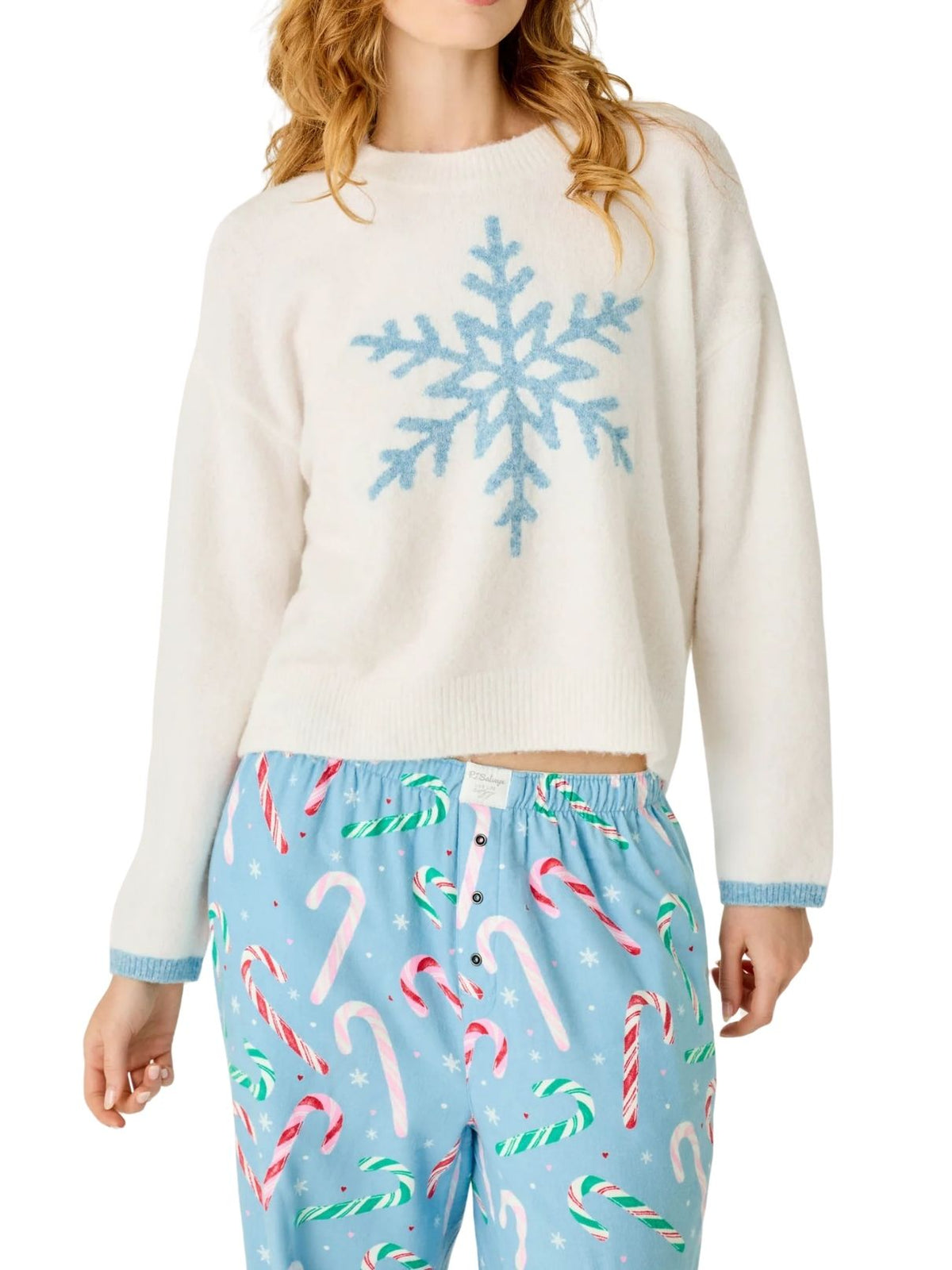 PJ Salvage The Sweetest Season Snowflake Sweater & Candy Cane Pajama Set in Ivory/Blue