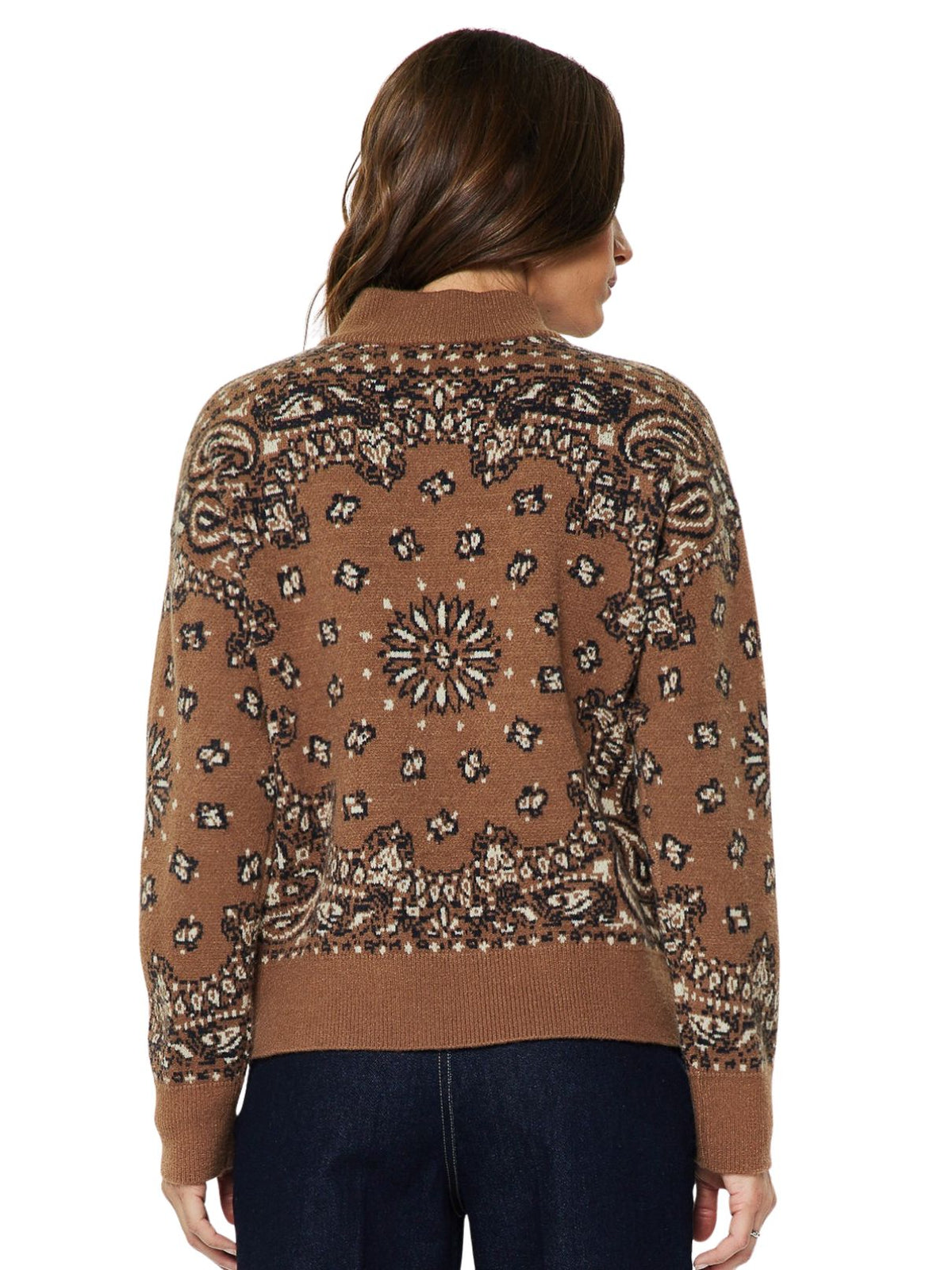 Paisley Jacquard Half-Zip Sweater in Caramel & Navy
