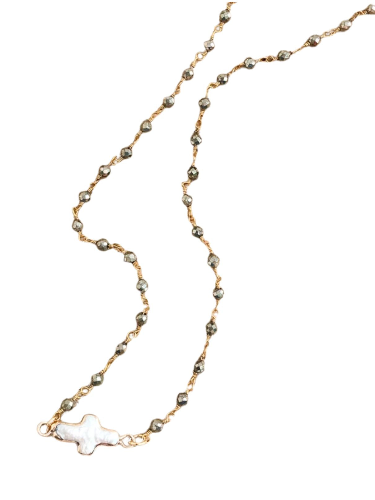 Pearl Bezel Cross Rosary Necklace – Pyrite