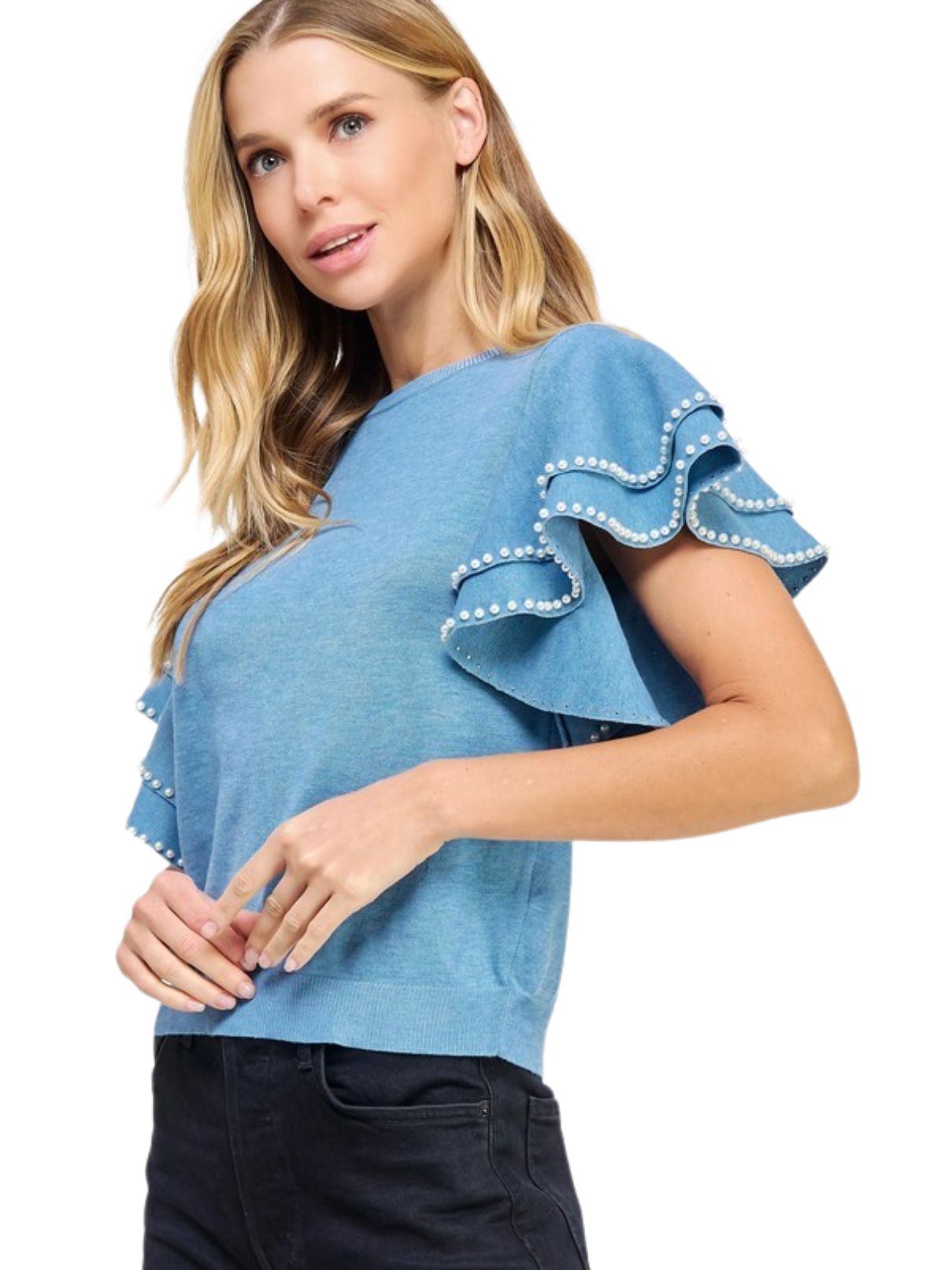 Pearl Trimmed Ruffle Top in Chambrey