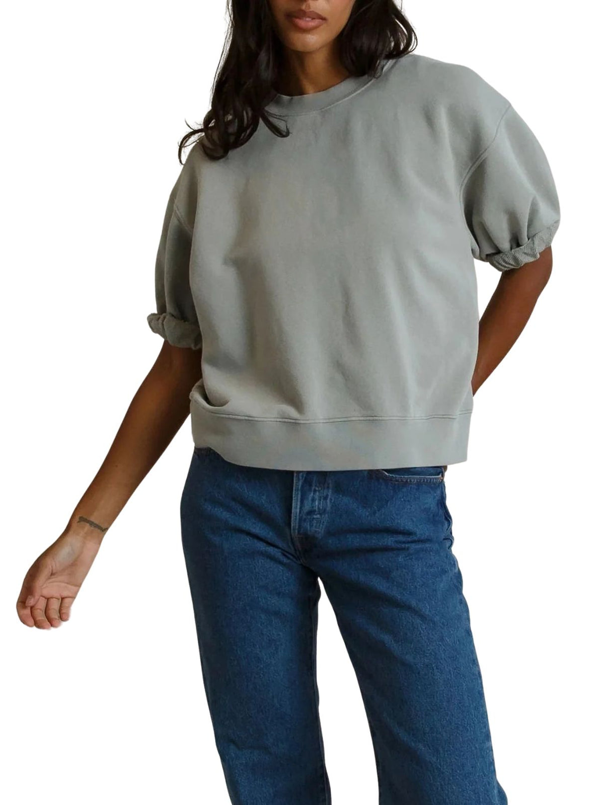 Perfect White Tee Rebecca 3/4 Puff Sleeve Sweatshirt in Griffin Grey