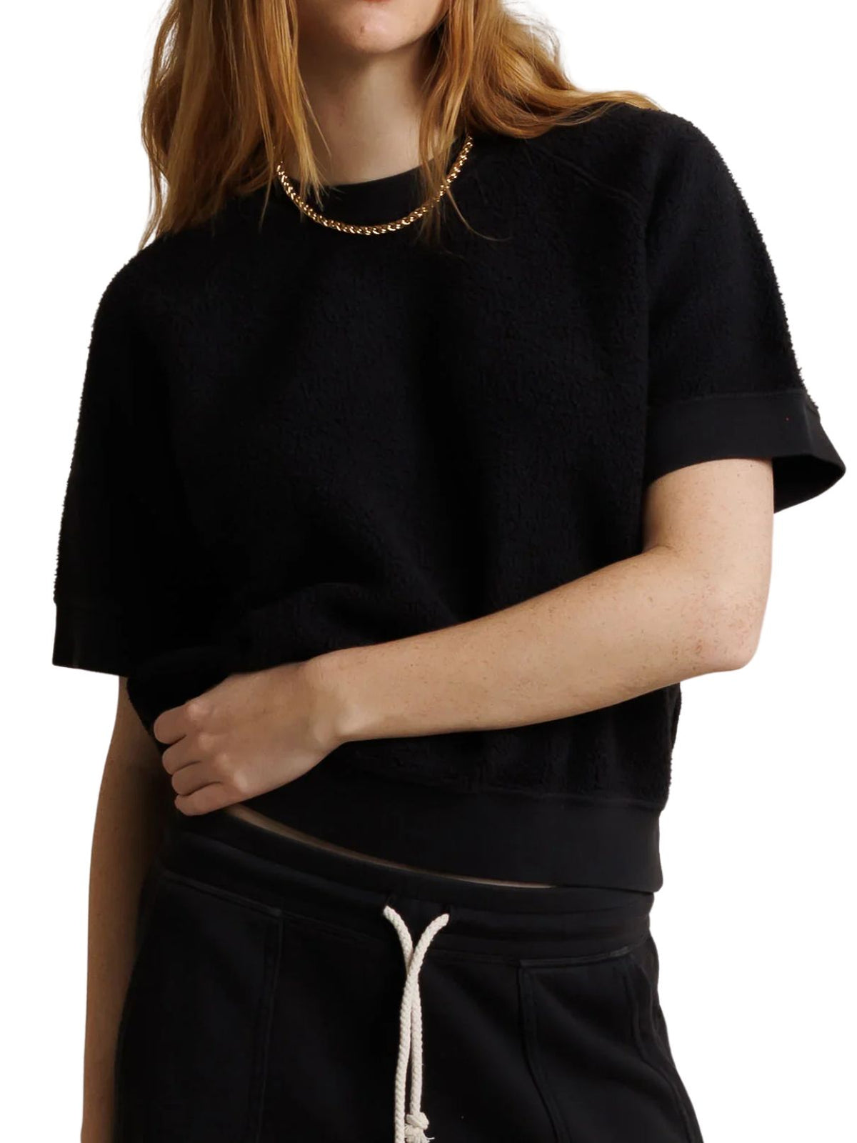 Perfect White Tee Ziggy Short Sleeve Reverse Fleece Sweatshirt in Vintage Black