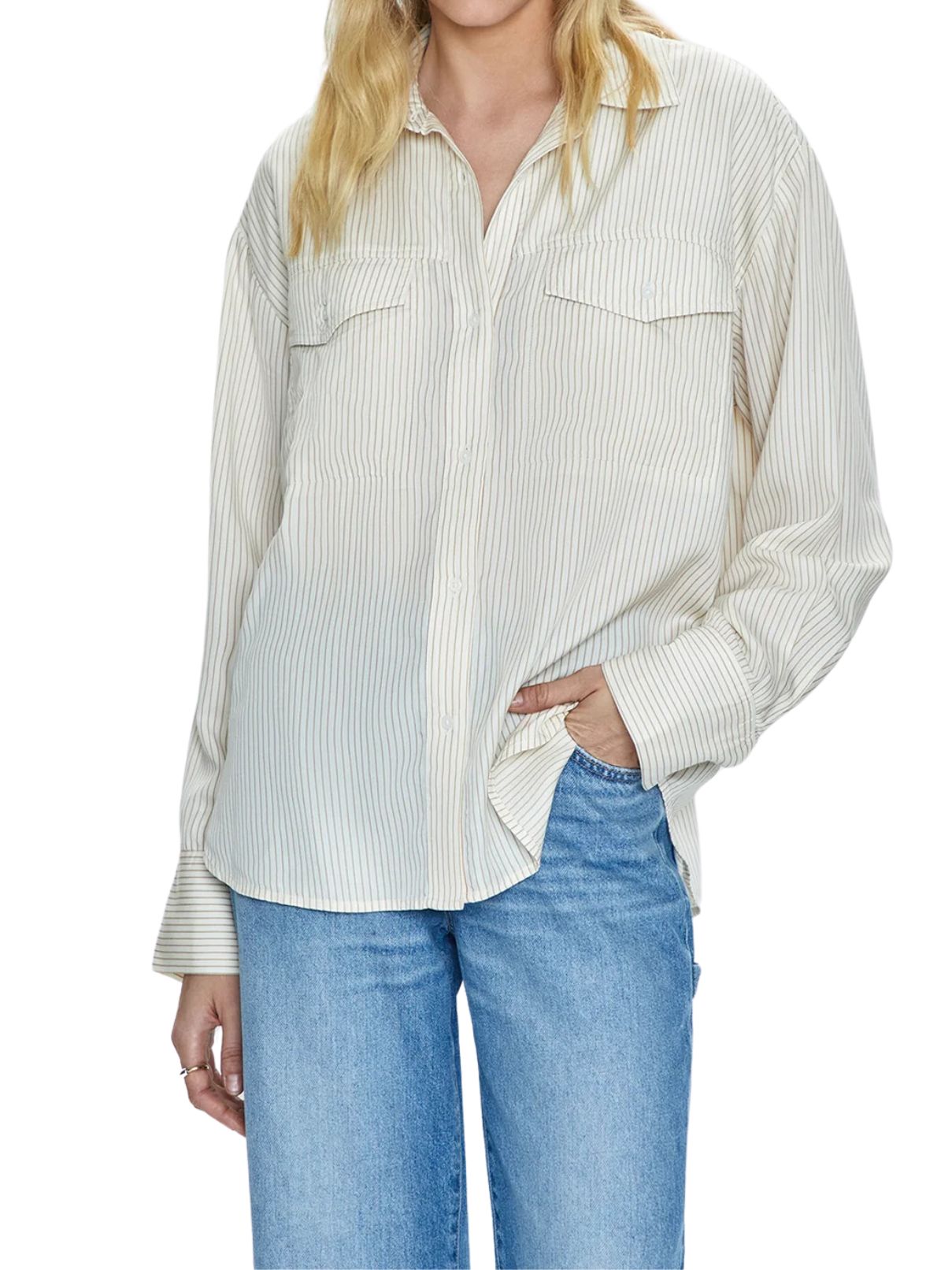 Pistola Nellie Button Up Tan Pinstripe