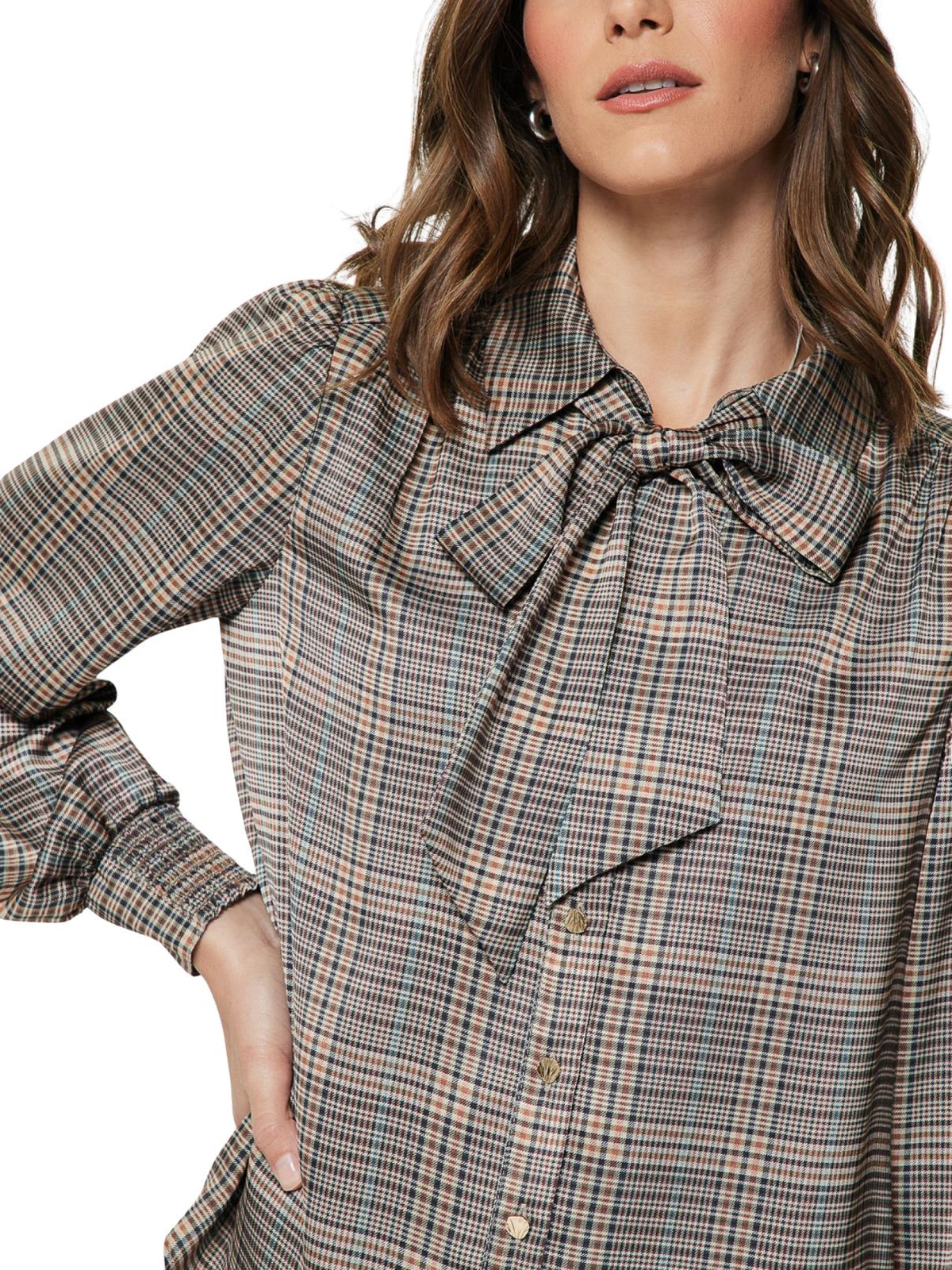 Plaid Satin Button Down Blouse with Neck Tie