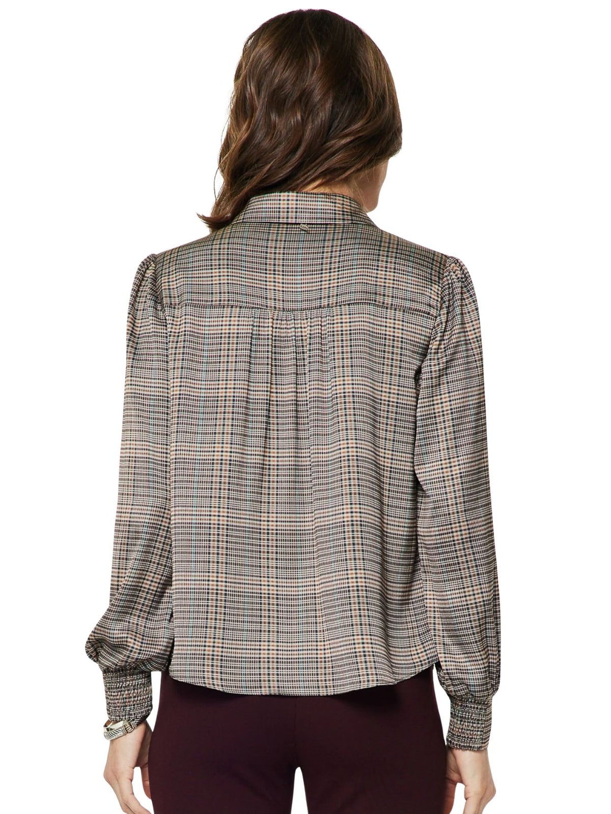Plaid Satin Button Down Blouse with Neck Tie