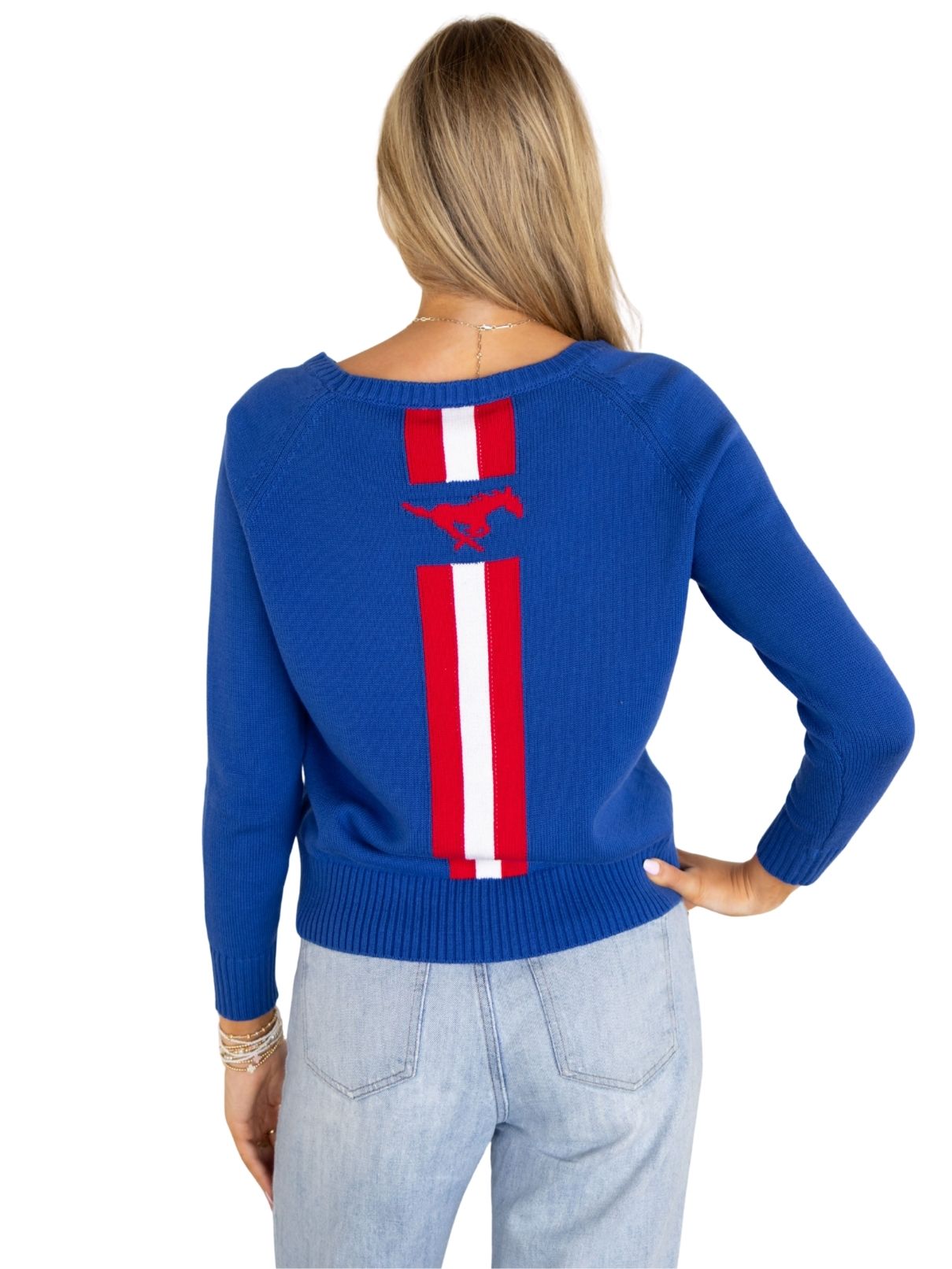Pony Up Raglan Stripe Back Sweater – Royal Blue