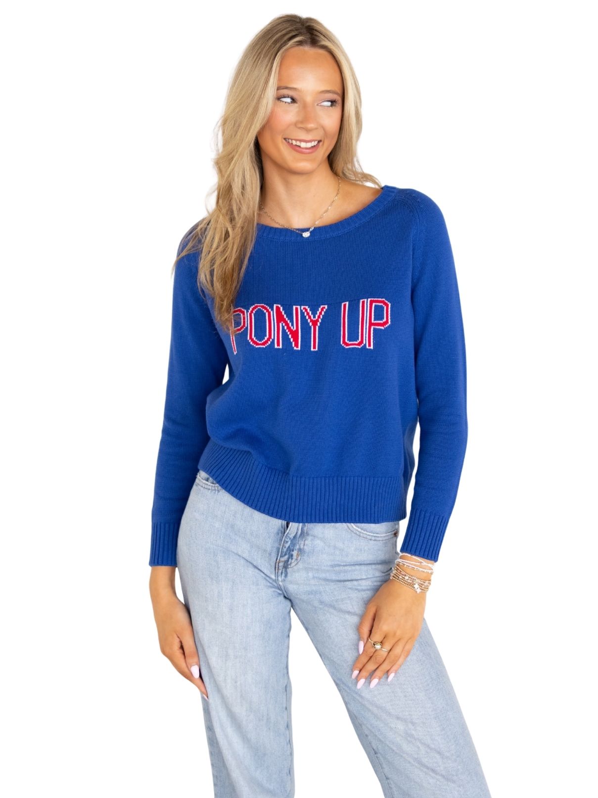 Pony Up Raglan Stripe Back Sweater – Royal Blue