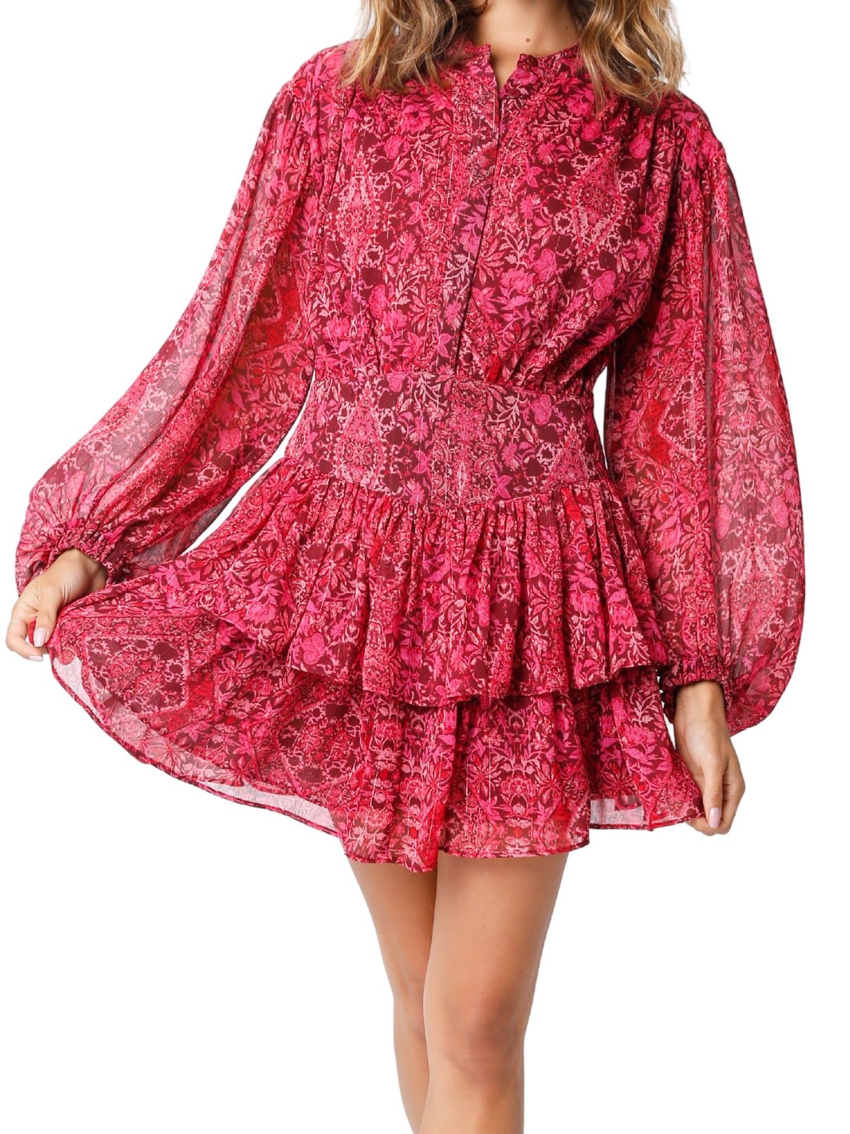 Poppy Puff Sleeve Dress in Burgandy