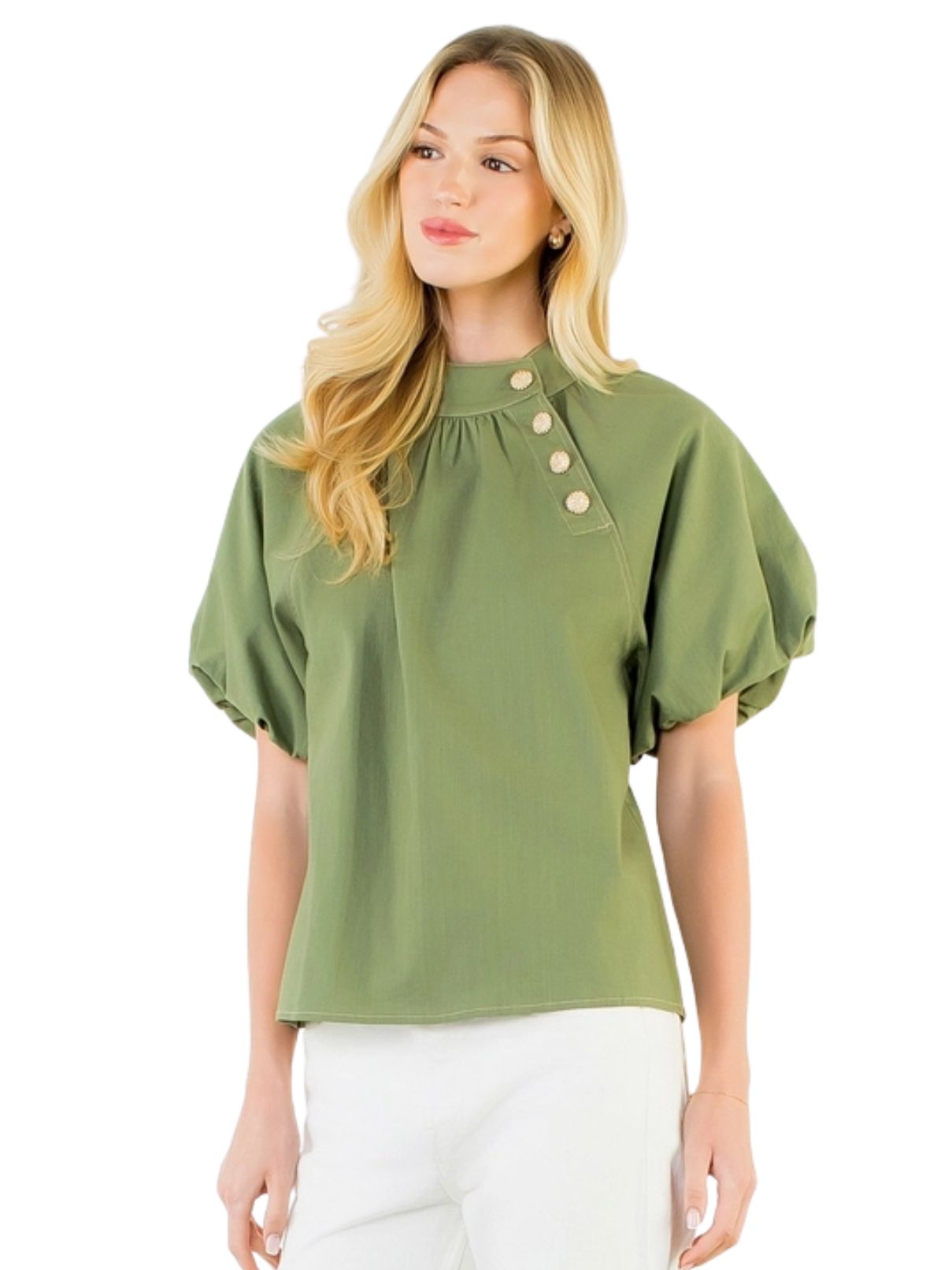 Puff Sleeve Gold-Toned Side Button Top – Olive