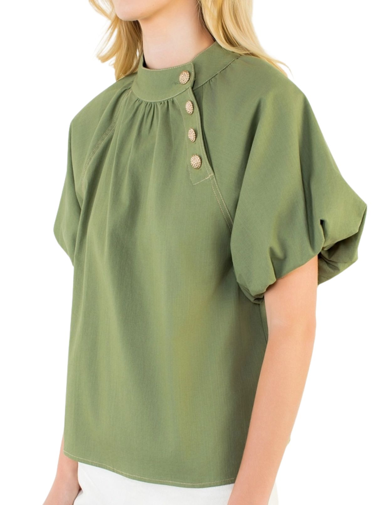 Puff Sleeve Gold-Toned Side Button Top – Olive