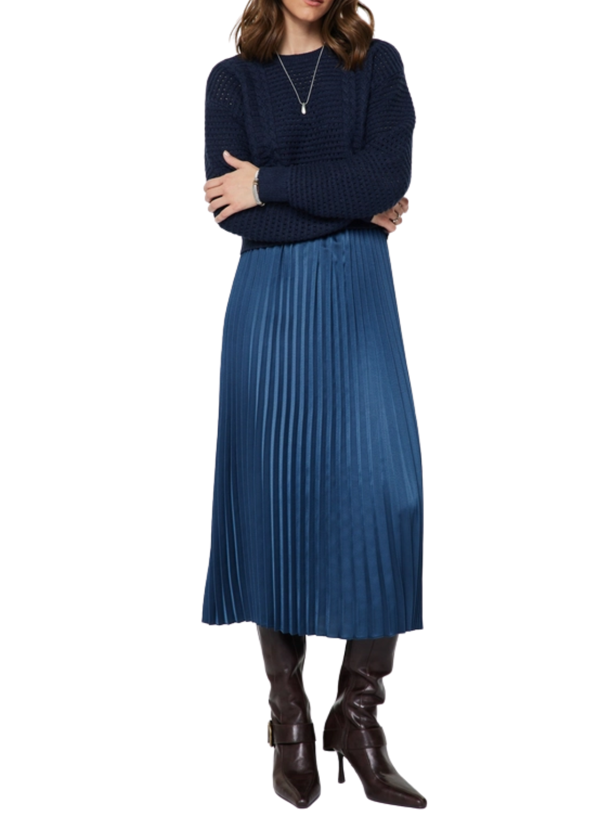 Pullover Sweater & Pleated Dress Set in Navy