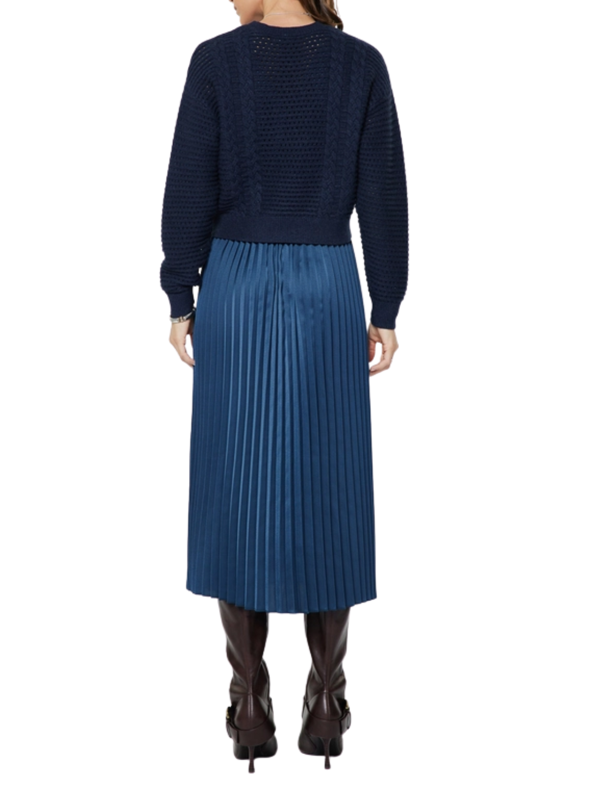 Pullover Sweater & Pleated Dress Set in Navy