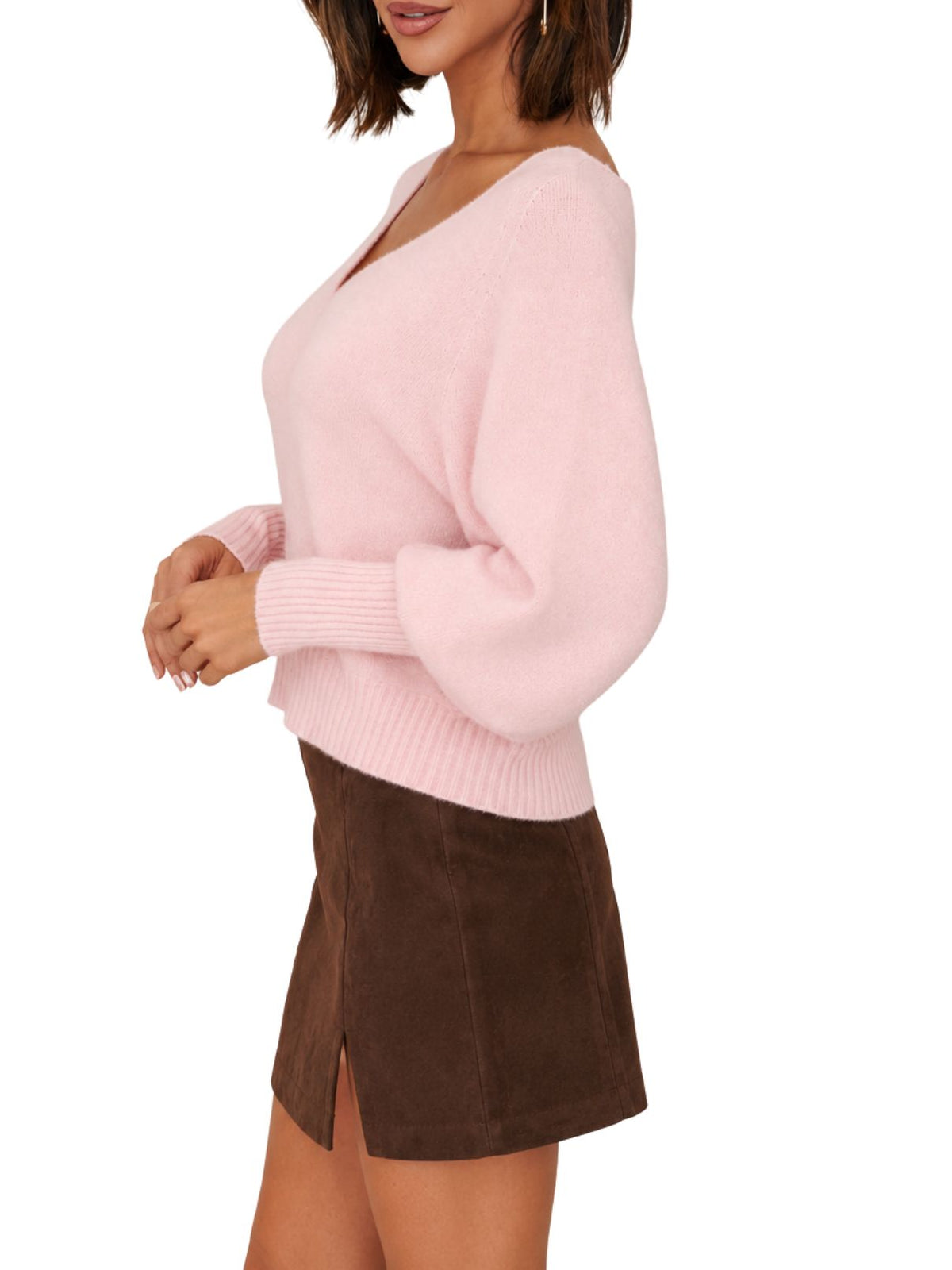 Ribbed Cuff Bubble Sleeve V-Neck Knit Sweater in Blush