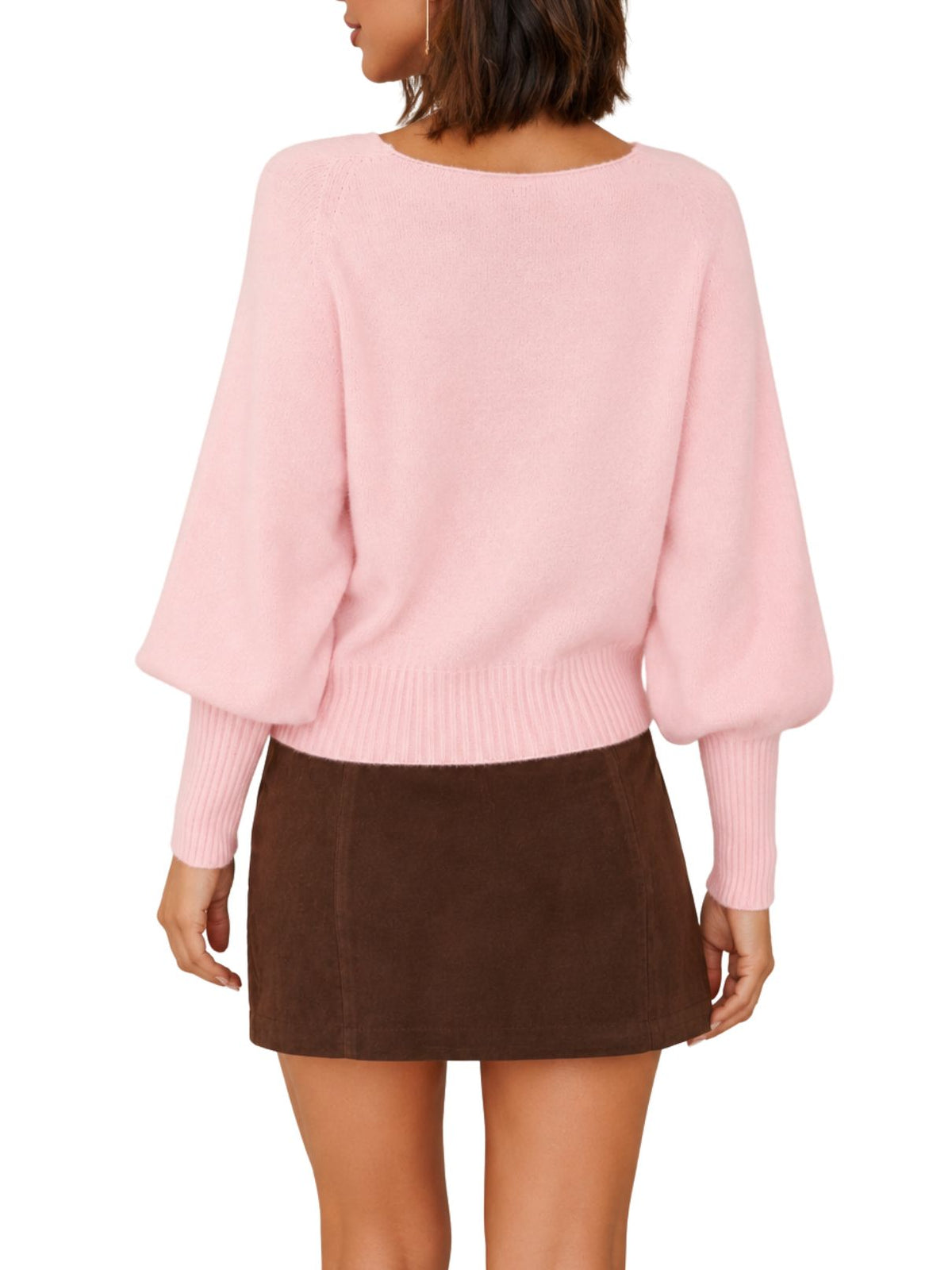 Ribbed Cuff Bubble Sleeve V-Neck Knit Sweater in Blush